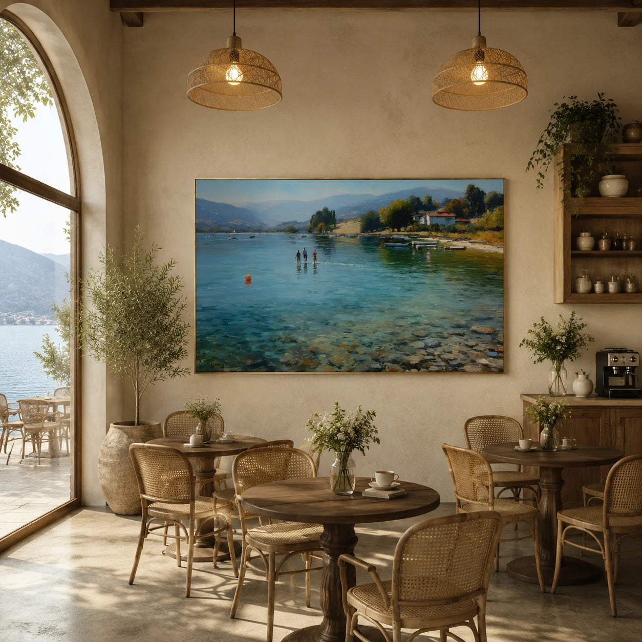 Lakeside Summer Landscape Hand-Painted Oil Painting, Serene Lake Wall Art for Living Room Decor # OA 1060