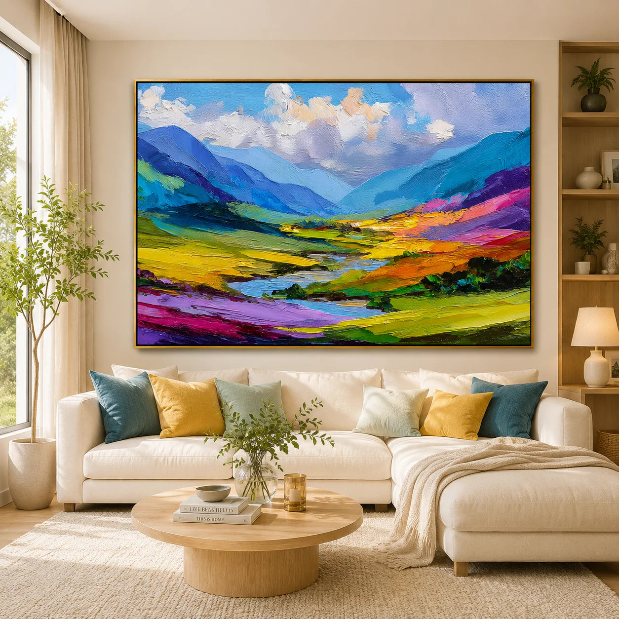Large Colorful Mountain Landscape Canvas Wall Art – Vibrant Valley Oil Painting for Living Room Decor