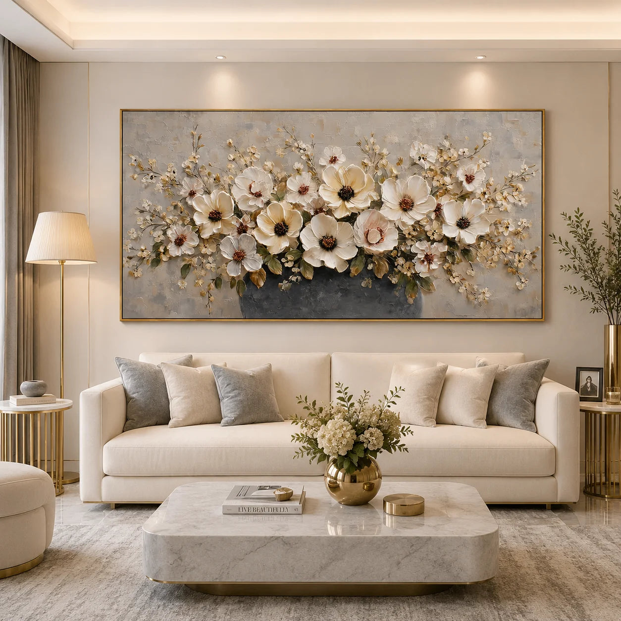 Large Floral Canvas Wall Art – Elegant White Flower Bouquet Painting in Vase for Living Room Decor#OA 0845