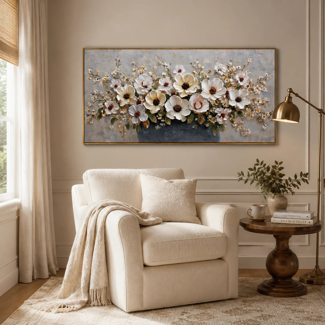 Large Floral Canvas Wall Art – Elegant White Flower Bouquet Painting in Vase for Living Room Decor#OA 0845