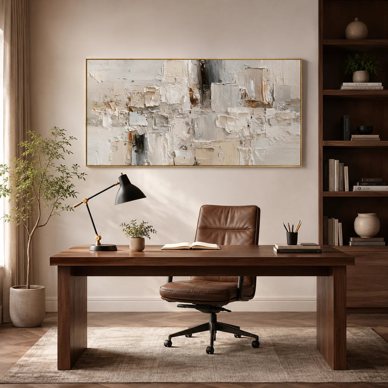 Large Neutral Textured Abstract Canvas Wall Art – Horizontal Impasto Painting in Cream White for Modern Living Room Decor#OA 0880