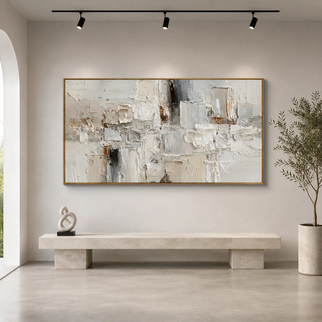Large Neutral Textured Abstract Canvas Wall Art – Horizontal Impasto Painting in Cream White for Modern Living Room Decor#OA 0880