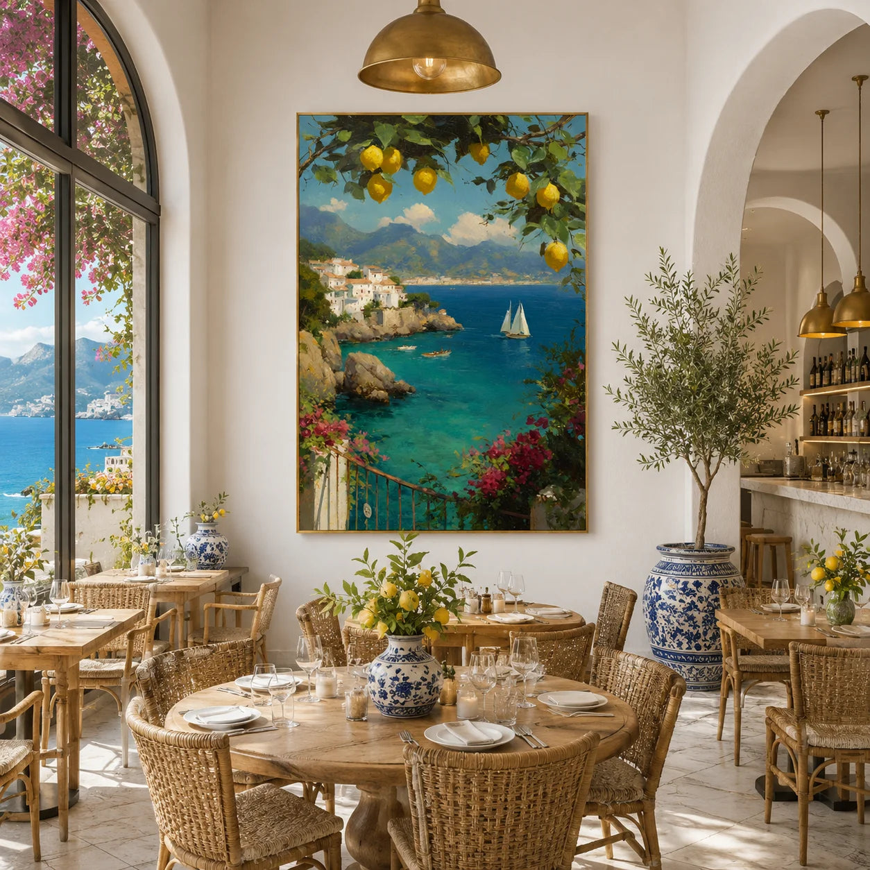 Mediterranean Coastal Landscape Hand-Painted Oil Painting | Lemon Tree, Blue Bay and Sailboat Seascape Wall Art for Living Room, Bedroom and Entryway