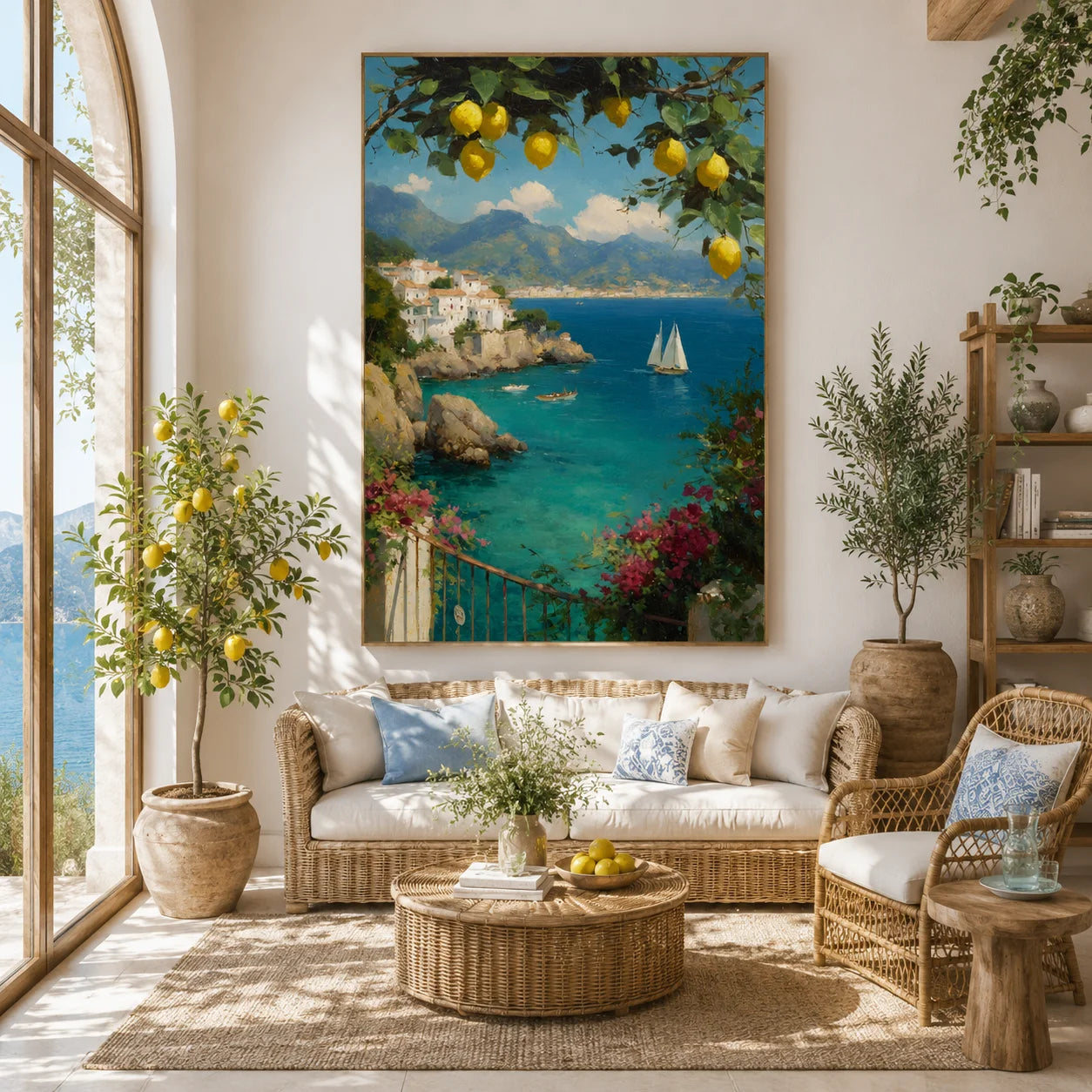 Mediterranean Coastal Landscape Hand-Painted Oil Painting | Lemon Tree, Blue Bay and Sailboat Seascape Wall Art for Living Room, Bedroom and Entryway
