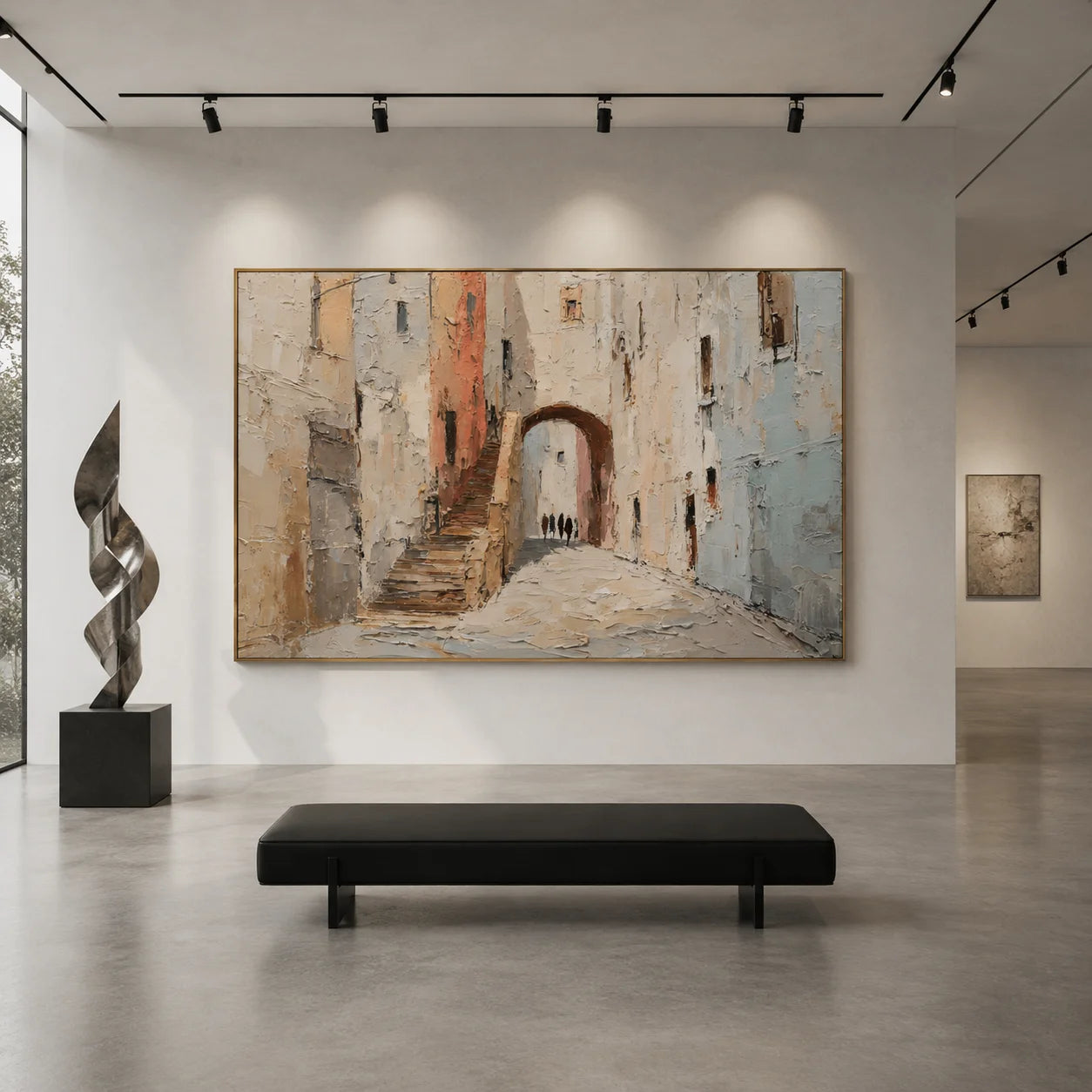 Mediterranean Old Town Street Hand-Painted Oil Painting, Textured European Architecture Wall Art # OA 1044