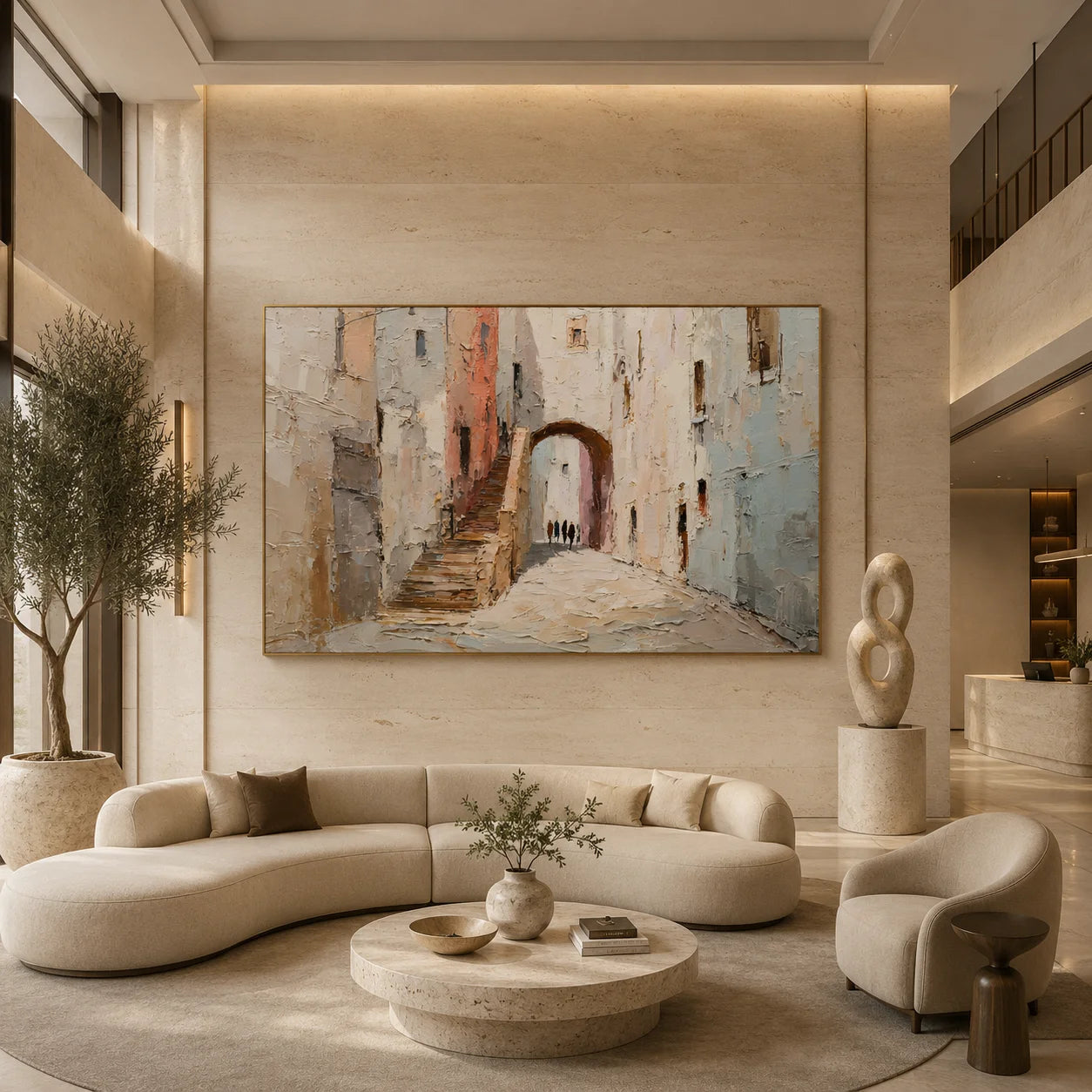 Mediterranean Old Town Street Hand-Painted Oil Painting, Textured European Architecture Wall Art # OA 1044