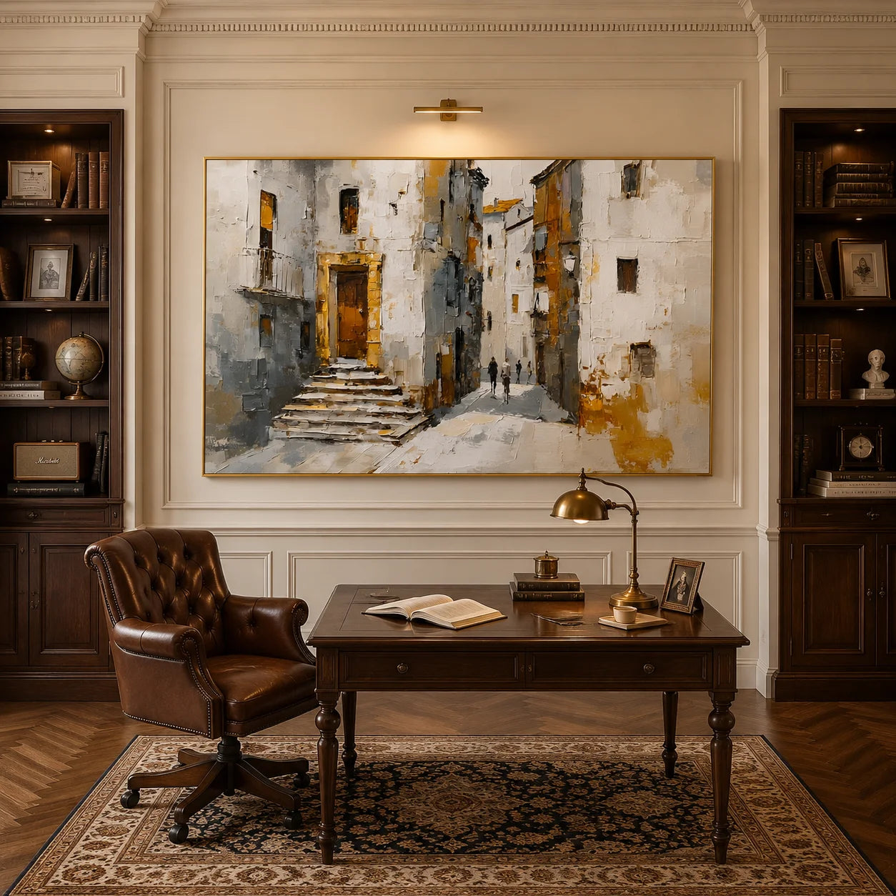 Mediterranean Old Town Street Hand-Painted Oil Painting, Textured European Architecture Wall Art # OA 1059