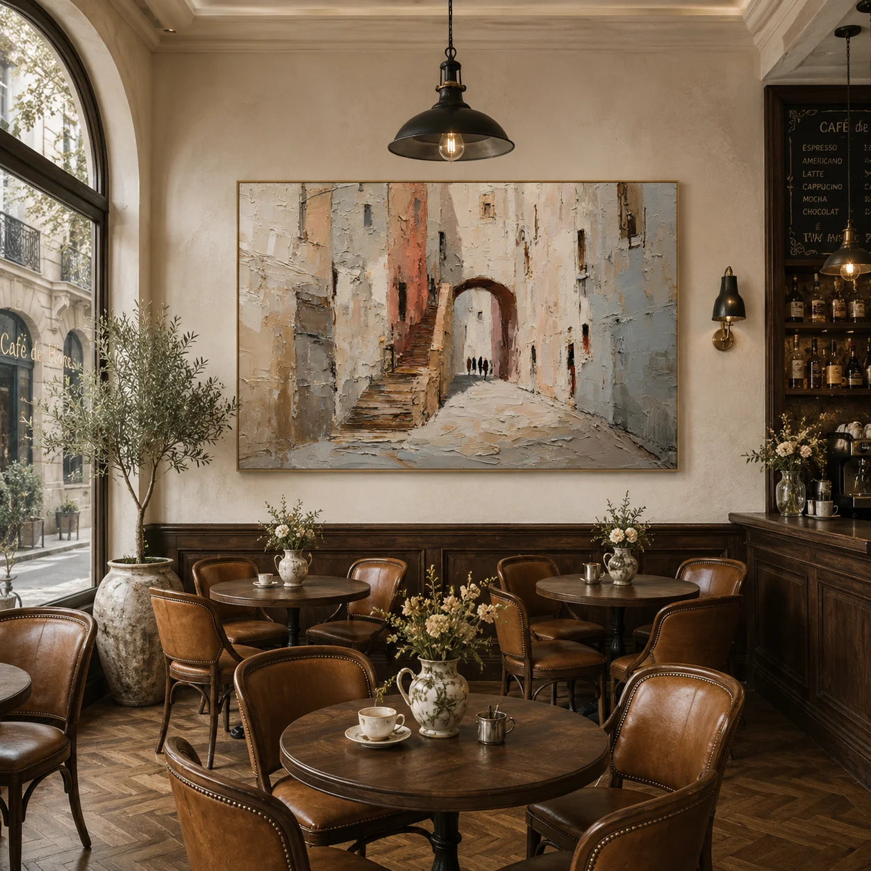 Mediterranean Old Town Street Hand-Painted Oil Painting, Textured European Architecture Wall Art # OA 1044