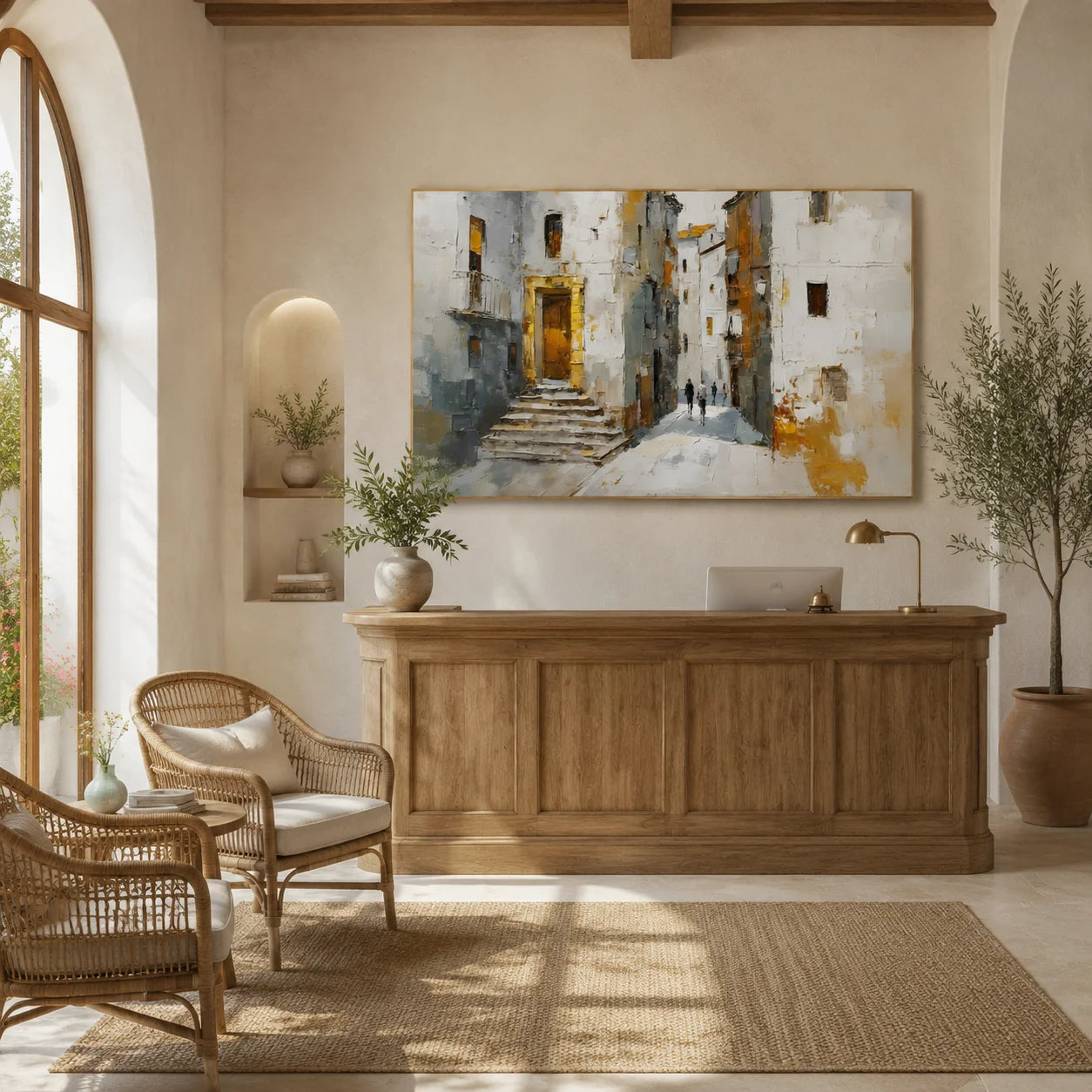 Mediterranean Old Town Street Hand-Painted Oil Painting, Textured European Architecture Wall Art # OA 1059