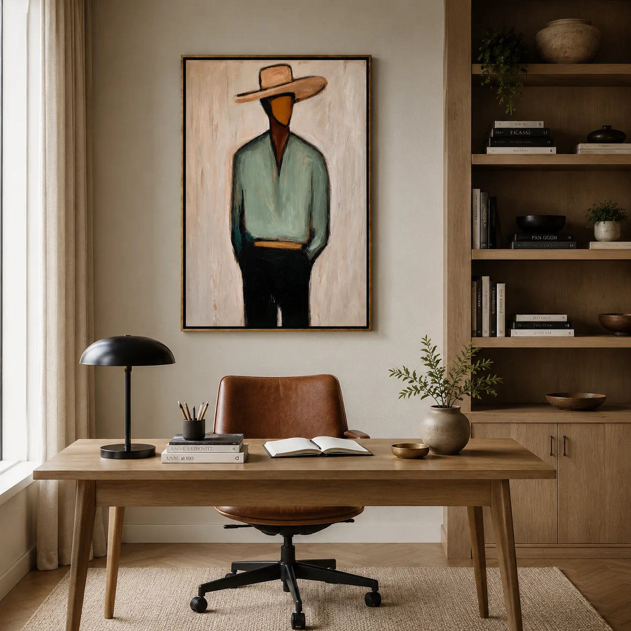 Minimalist Cowboy Portrait Hand-Painted Oil Painting, Textured Western Wall Art for Modern Home Decor#OA 0964