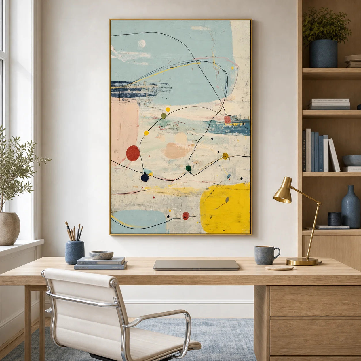 Modern Abstract Line Hand-Painted Oil Painting | Minimalist Geometric Wall Art | Scandinavian Contemporary Canvas Artwork for Living Room, Bedroom & Office # 1094