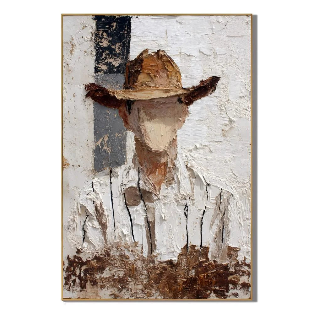 Minimalist Western Cowboy Portrait Hand-Painted Oil Painting | Brown and White Textured Palette Knife Wall Art for Modern Interiors