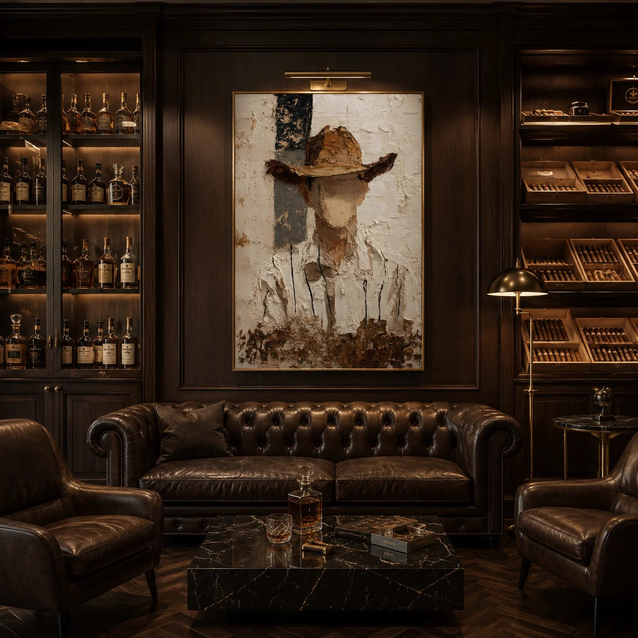 Minimalist Western Cowboy Portrait Hand-Painted Oil Painting | Brown and White Textured Palette Knife Wall Art for Modern Interiors