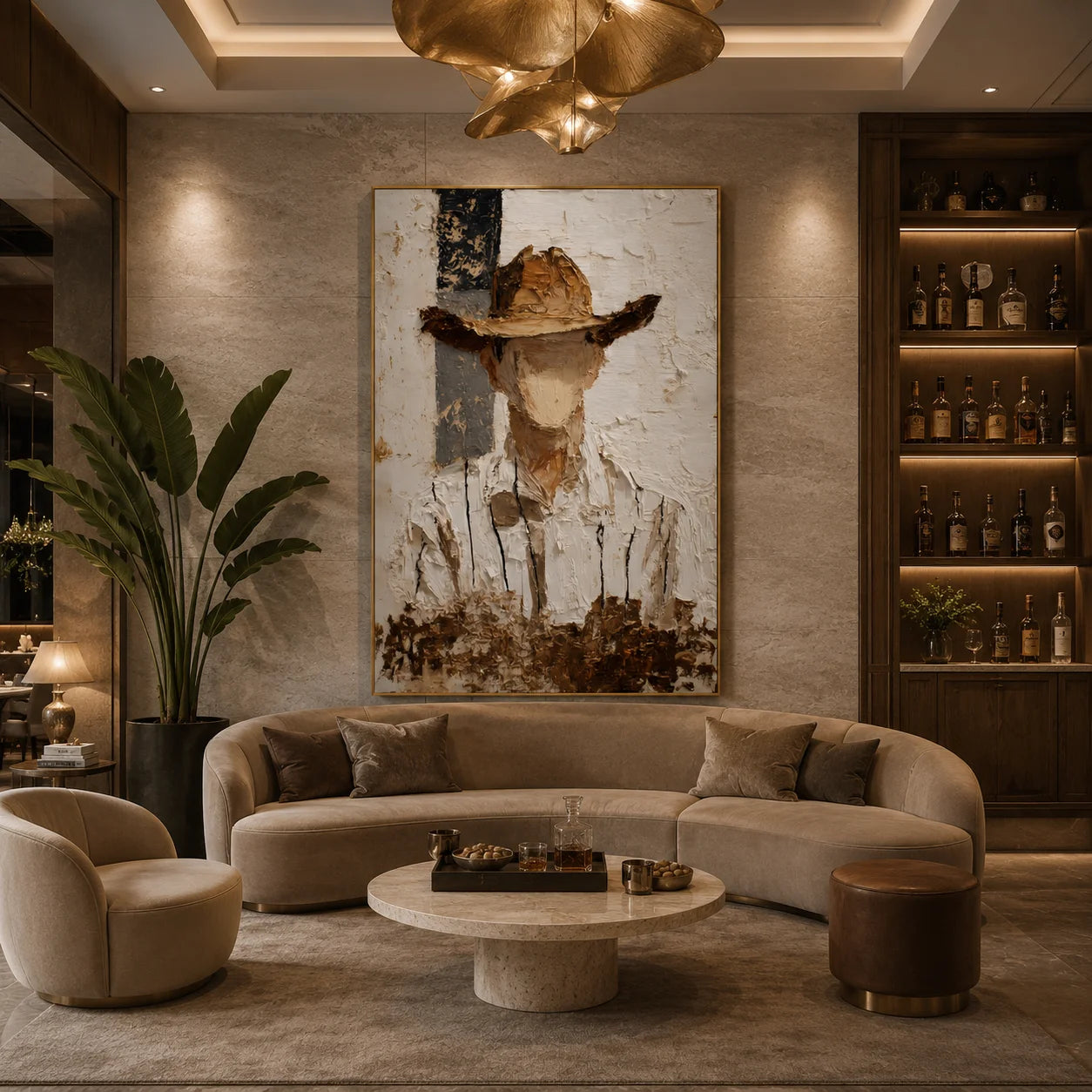 Minimalist Western Cowboy Portrait Hand-Painted Oil Painting | Brown and White Textured Palette Knife Wall Art for Modern Interiors