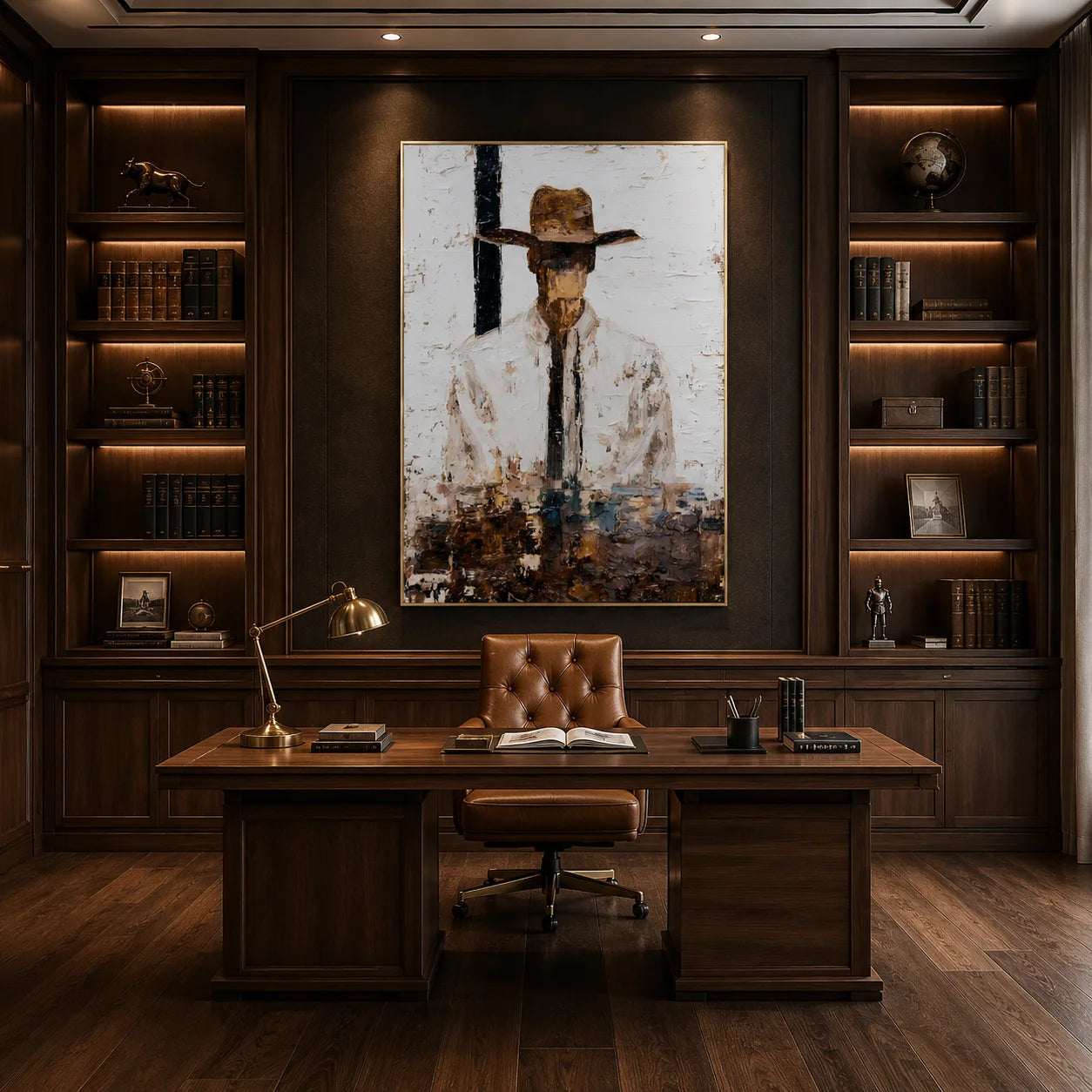 Minimalist Western Cowboy Portrait Hand-Painted Oil Painting | White Textured Abstract Figurative Wall Art for Modern Home Decor