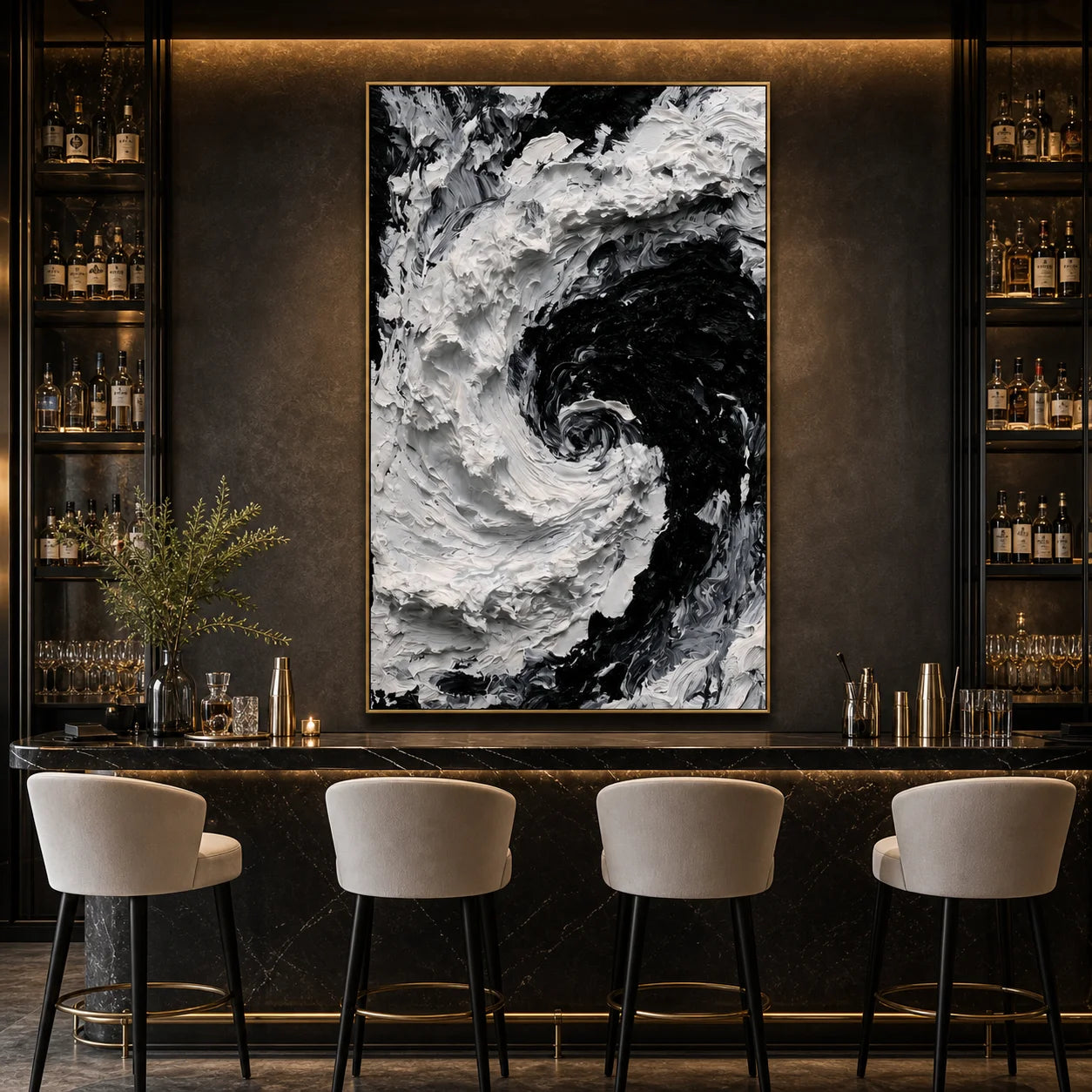 Modern Abstract Black & White Ocean Wave Hand-Painted Oil Painting | Textured Wall Art # 1095