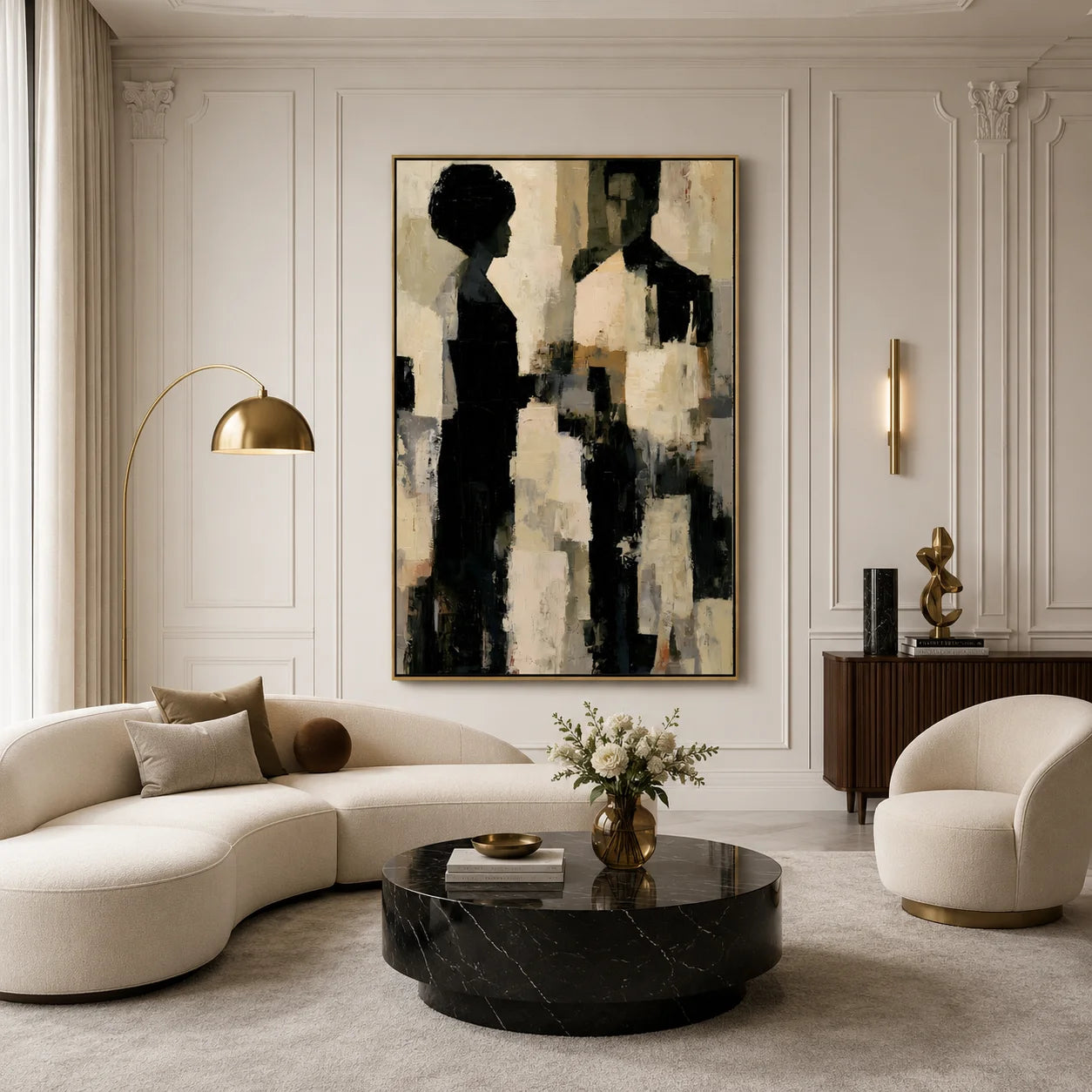 Modern Abstract Figure Hand-Painted Oil Painting | Black & White Minimalist Portrait Wall Art | Contemporary Canvas Artwork for Living Room, Bedroom & Office # OA 1079