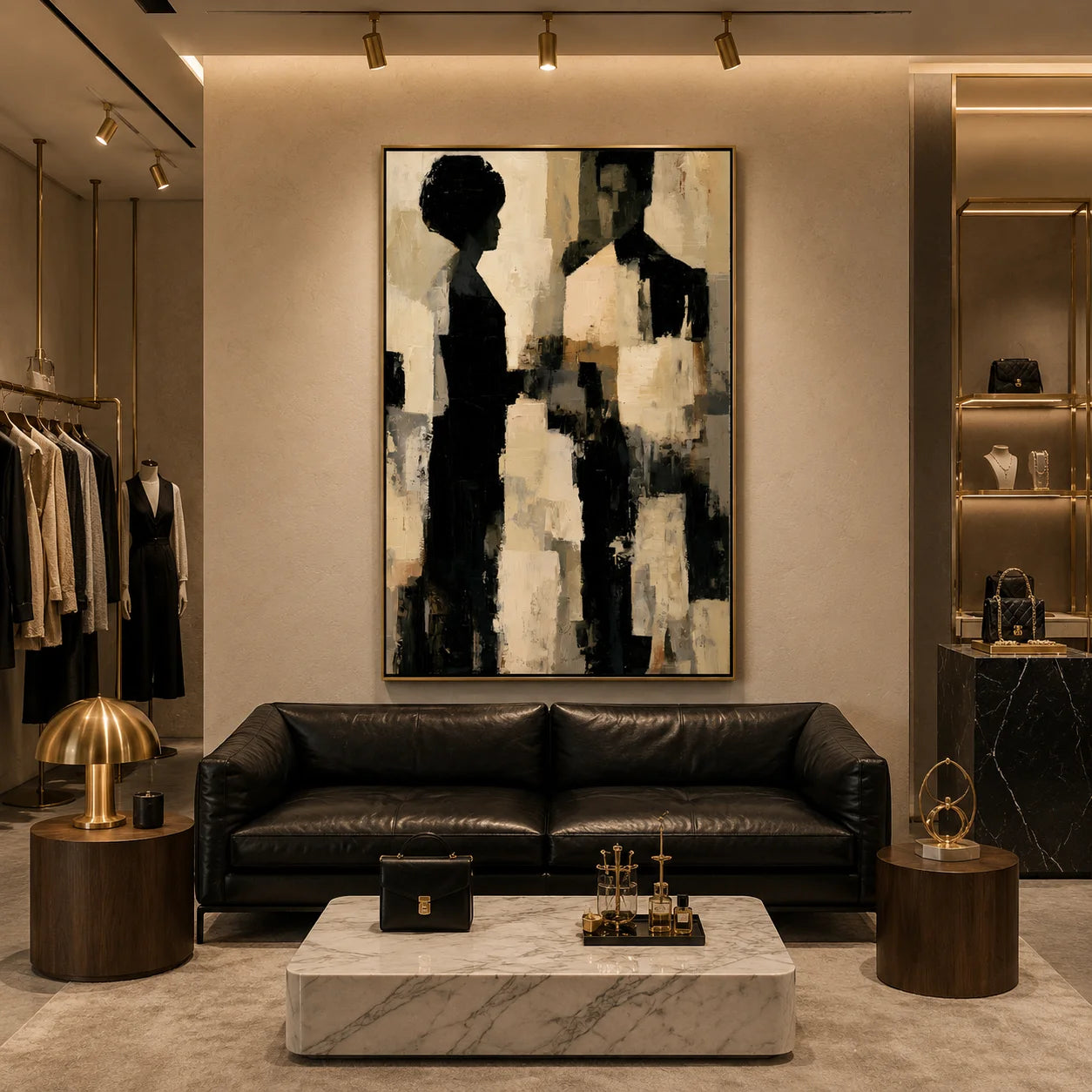 Modern Abstract Figure Hand-Painted Oil Painting | Black & White Minimalist Portrait Wall Art | Contemporary Canvas Artwork for Living Room, Bedroom & Office # OA 1079