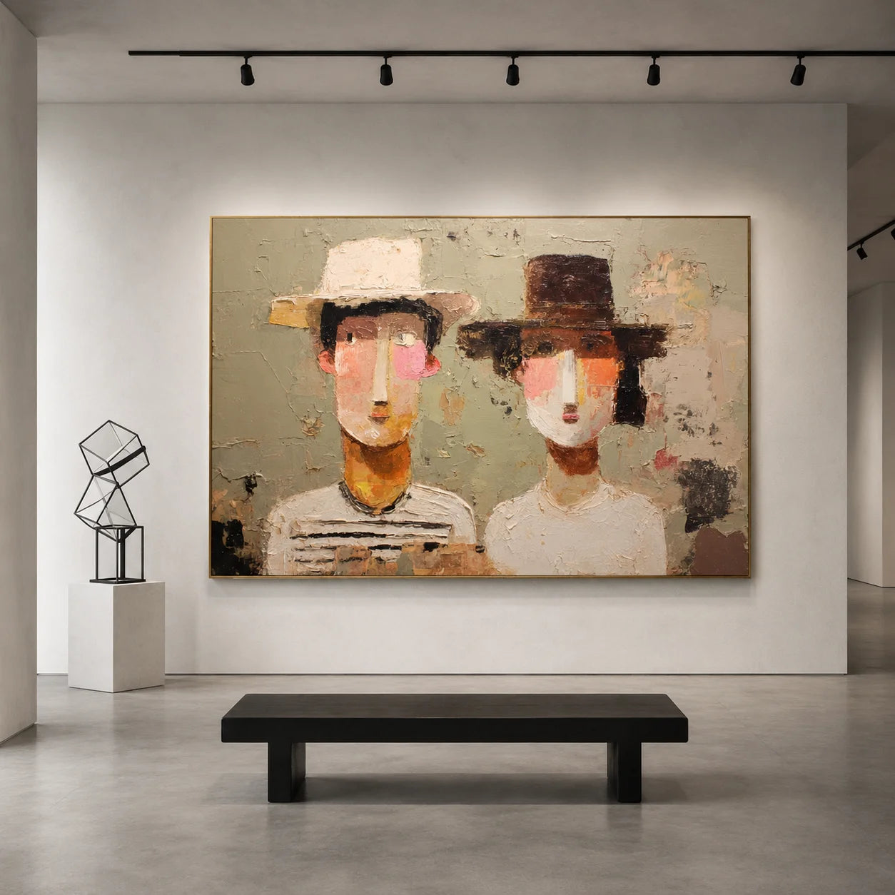 Modern Abstract Figure Hand-Painted Oil Painting | Couple Portrait Textured Wall Art in Neutral Tones # OA 1074