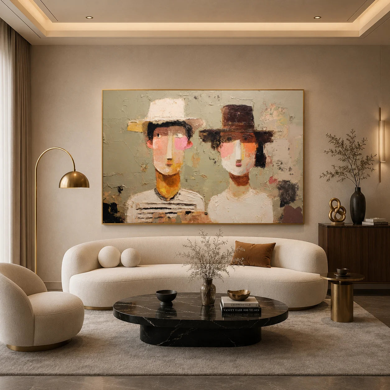 Modern Abstract Figure Hand-Painted Oil Painting | Couple Portrait Textured Wall Art in Neutral Tones # OA 1074