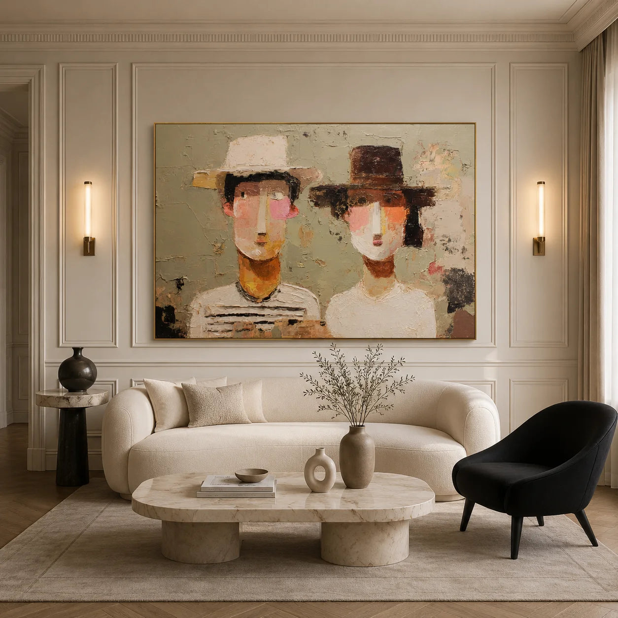 Modern Abstract Figure Hand-Painted Oil Painting | Couple Portrait Textured Wall Art in Neutral Tones # OA 1074