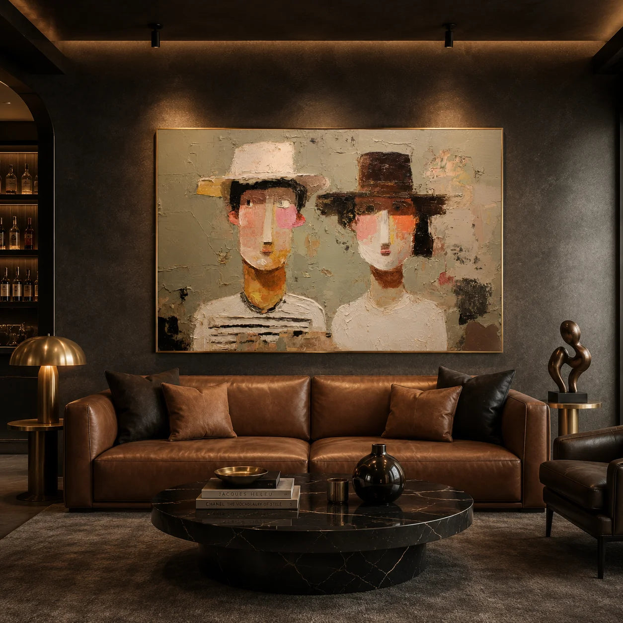 Modern Abstract Figure Hand-Painted Oil Painting | Couple Portrait Textured Wall Art in Neutral Tones # OA 1074