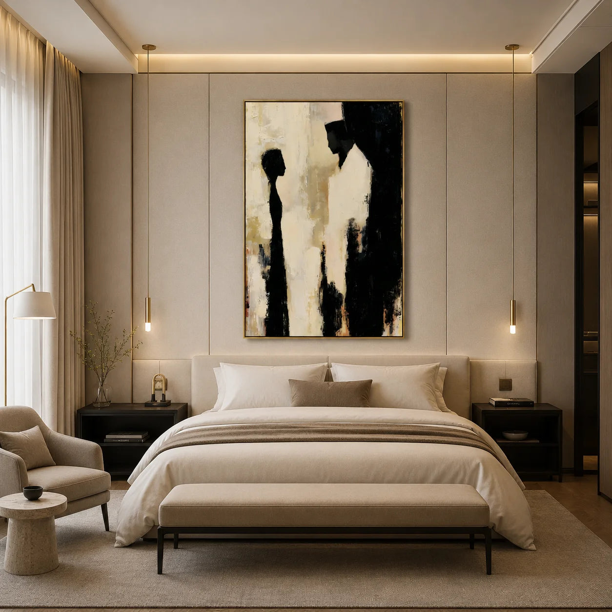 Modern Abstract Figure Hand-Painted Oil Painting | Minimalist Silhouette Wall Art | Black & White Contemporary Canvas Artwork for Living Room, Bedroom & Office # OA 1080