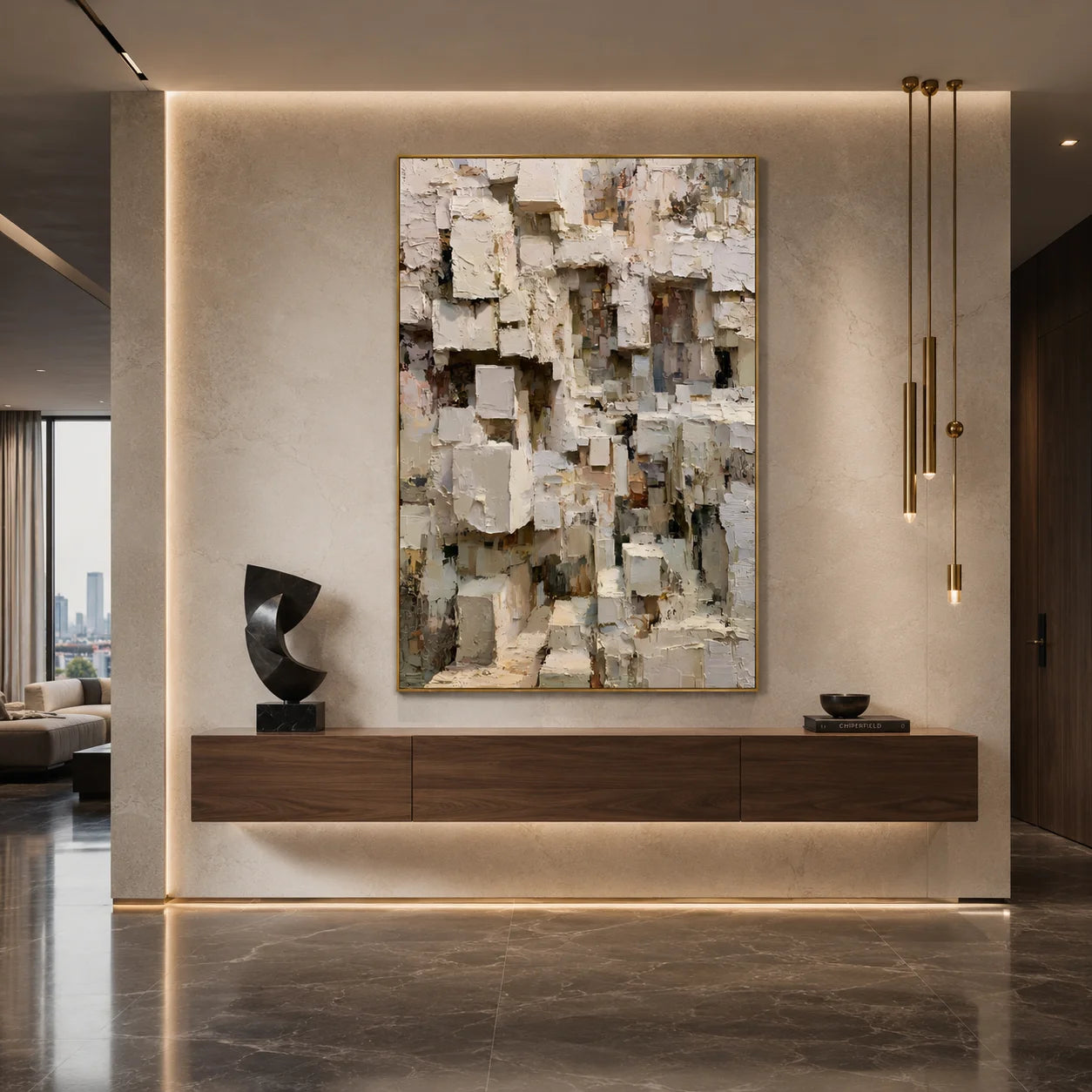 Modern Abstract Geometric Hand-Painted Oil Painting | Heavy Texture Minimalist Wall Art | Neutral Contemporary Canvas Artwork for Living Room, Office & Hotel # OA 1087