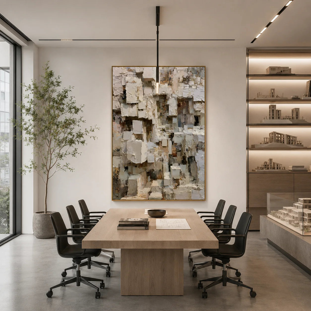 Modern Abstract Geometric Hand-Painted Oil Painting | Heavy Texture Minimalist Wall Art | Neutral Contemporary Canvas Artwork for Living Room, Office & Hotel # OA 1087