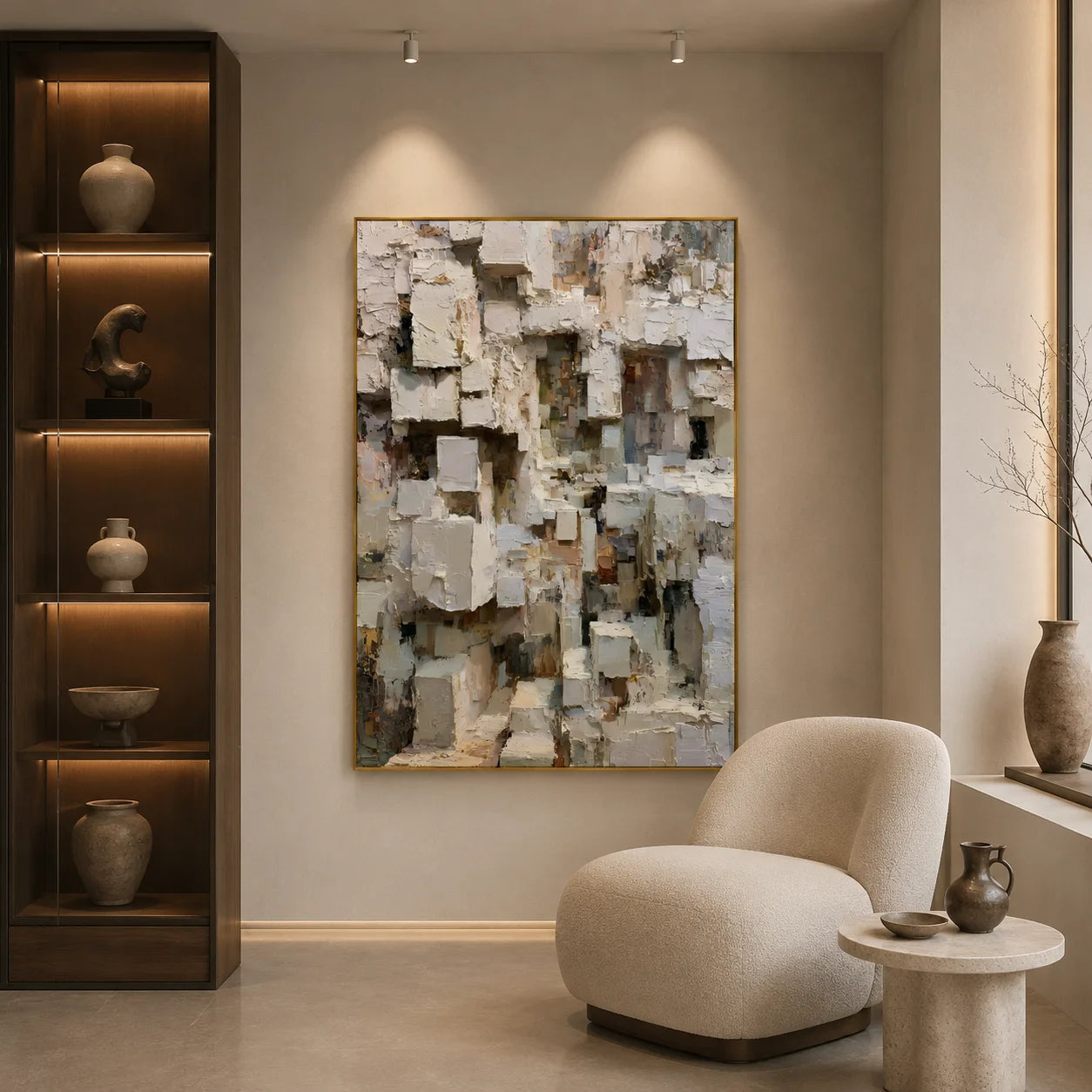 Modern Abstract Geometric Hand-Painted Oil Painting | Heavy Texture Minimalist Wall Art | Neutral Contemporary Canvas Artwork for Living Room, Office & Hotel # OA 1087