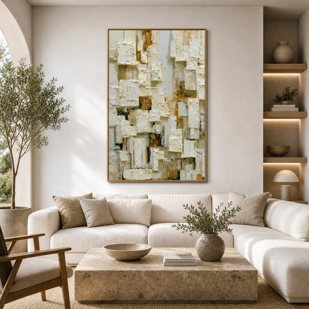 Modern Abstract Geometric Hand-Painted Oil Painting | Neutral Textured Minimalist Wall Art | 3D Block Canvas Artwork for Living Room, Office & Hotel OA # 1091