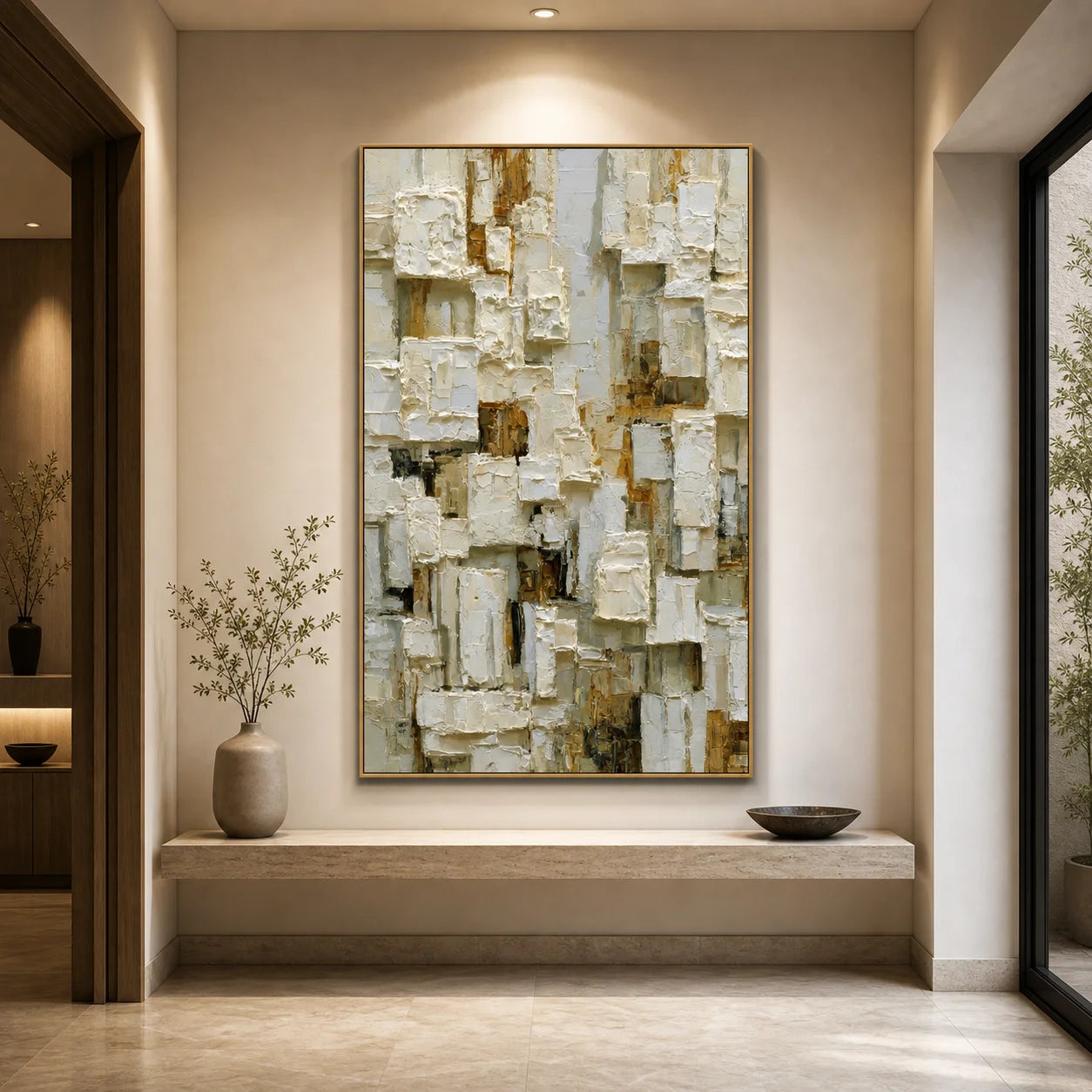 Modern Abstract Geometric Hand-Painted Oil Painting | Neutral Textured Minimalist Wall Art | 3D Block Canvas Artwork for Living Room, Office & Hotel OA # 1091