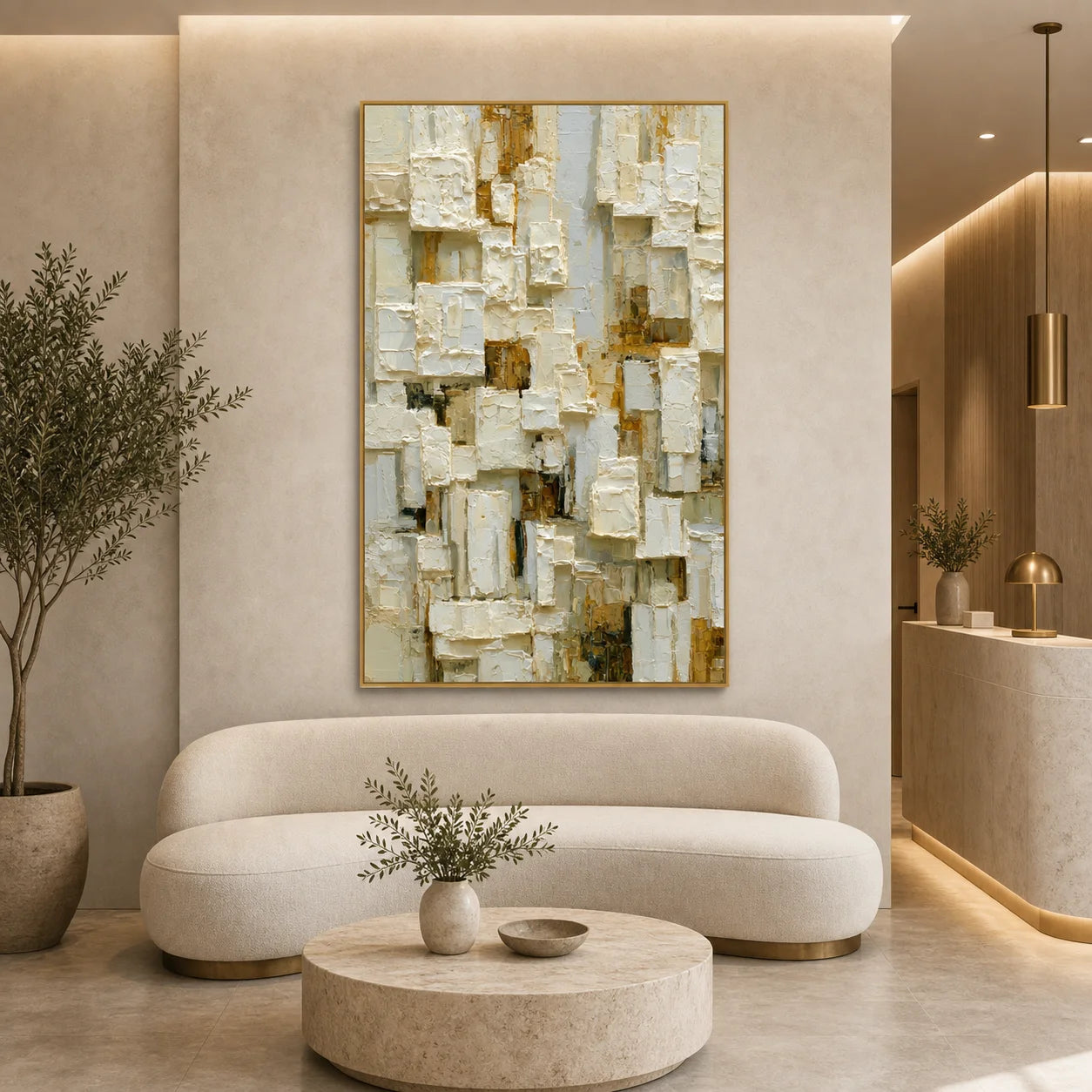 Modern Abstract Geometric Hand-Painted Oil Painting | Neutral Textured Minimalist Wall Art | 3D Block Canvas Artwork for Living Room, Office & Hotel OA # 1091