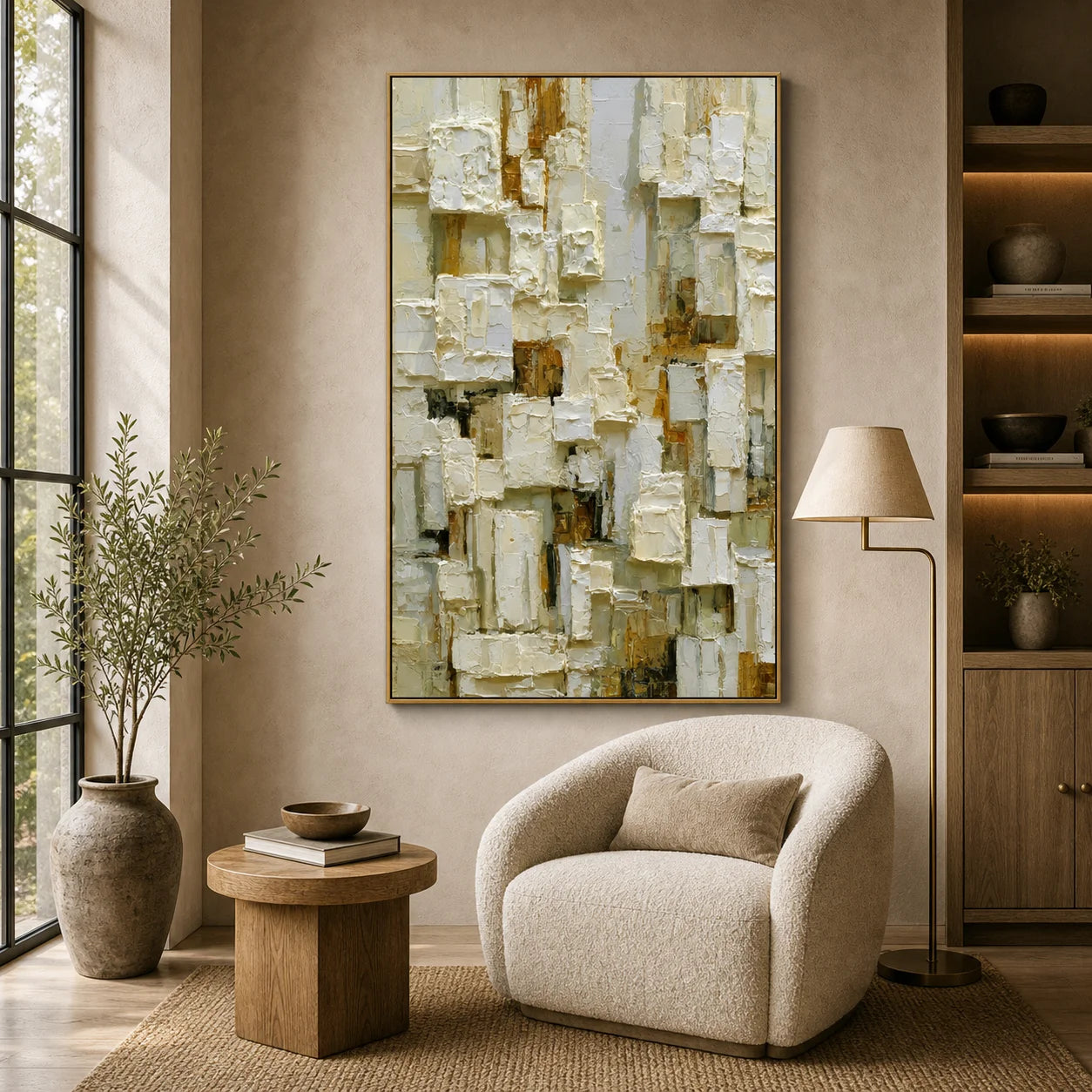 Modern Abstract Geometric Hand-Painted Oil Painting | Neutral Textured Minimalist Wall Art | 3D Block Canvas Artwork for Living Room, Office & Hotel OA # 1091