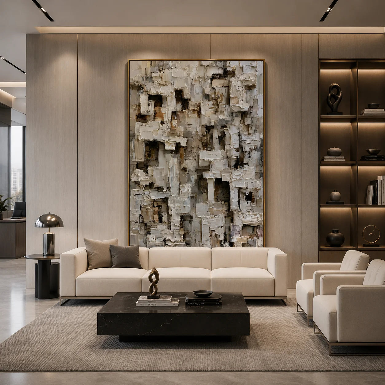 Modern Abstract Geometric Hand-Painted Oil Painting | Textured Minimalist Wall Art | Neutral Contemporary Canvas Artwork for Living Room, Office & Hotel # OA 1086