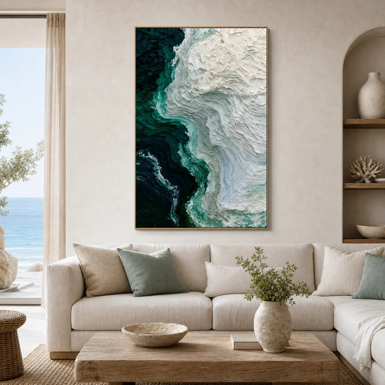 Modern Abstract Ocean Wave Hand-Painted Oil Painting | Textured Seascape Wall Art | Blue Green Coastal Canvas Artwork for Living Room, Office & Hotel # OA 1088