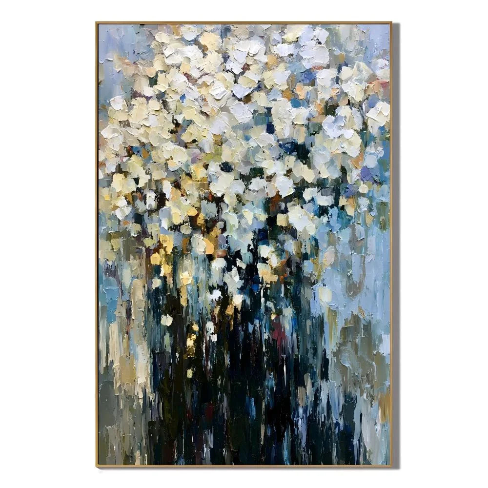 Modern Abstract White Floral Hand-Painted Oil Painting | Impressionist Flower Bouquet Wall Art | Luxury Textured Canvas Artwork for Living Room, Dining Room & Bedroom # OA 1085