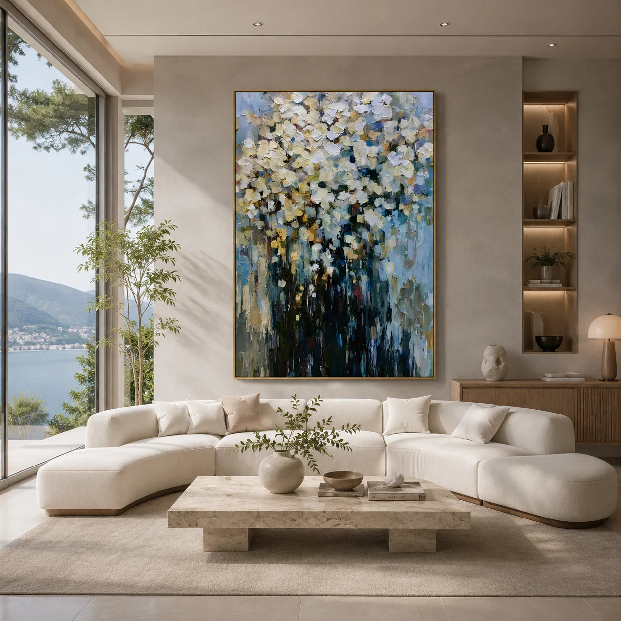 Modern Abstract White Floral Hand-Painted Oil Painting | Impressionist Flower Bouquet Wall Art | Luxury Textured Canvas Artwork for Living Room, Dining Room & Bedroom # OA 1085
