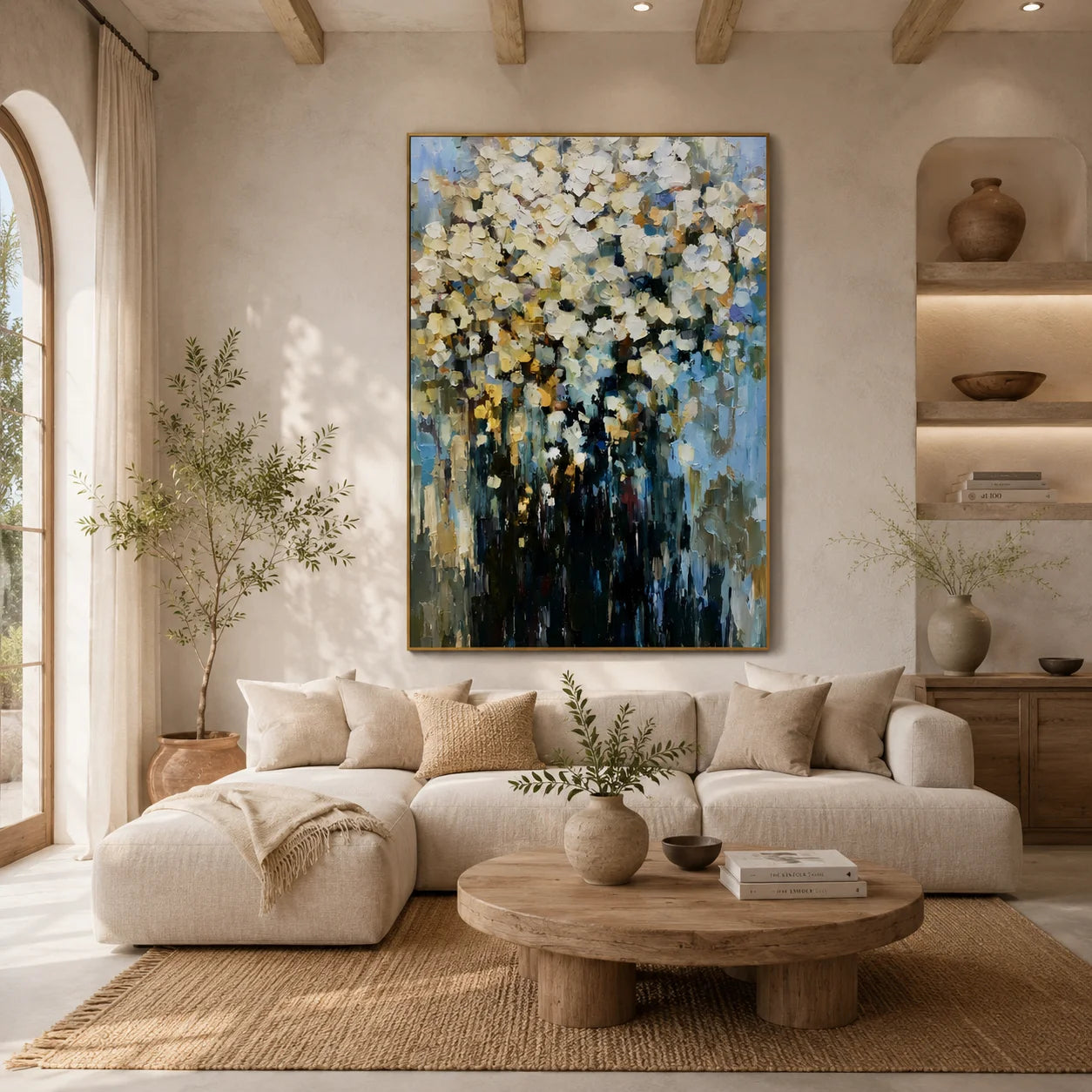 Modern Abstract White Floral Hand-Painted Oil Painting | Impressionist Flower Bouquet Wall Art | Luxury Textured Canvas Artwork for Living Room, Dining Room & Bedroom # OA 1085