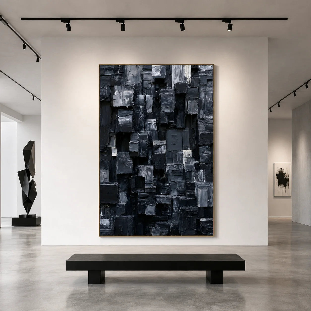 Modern Black and Gray Geometric Abstract Hand-Painted Oil Painting | 3D Textured Block Wall Art for Living Room, Bedroom and Entryway