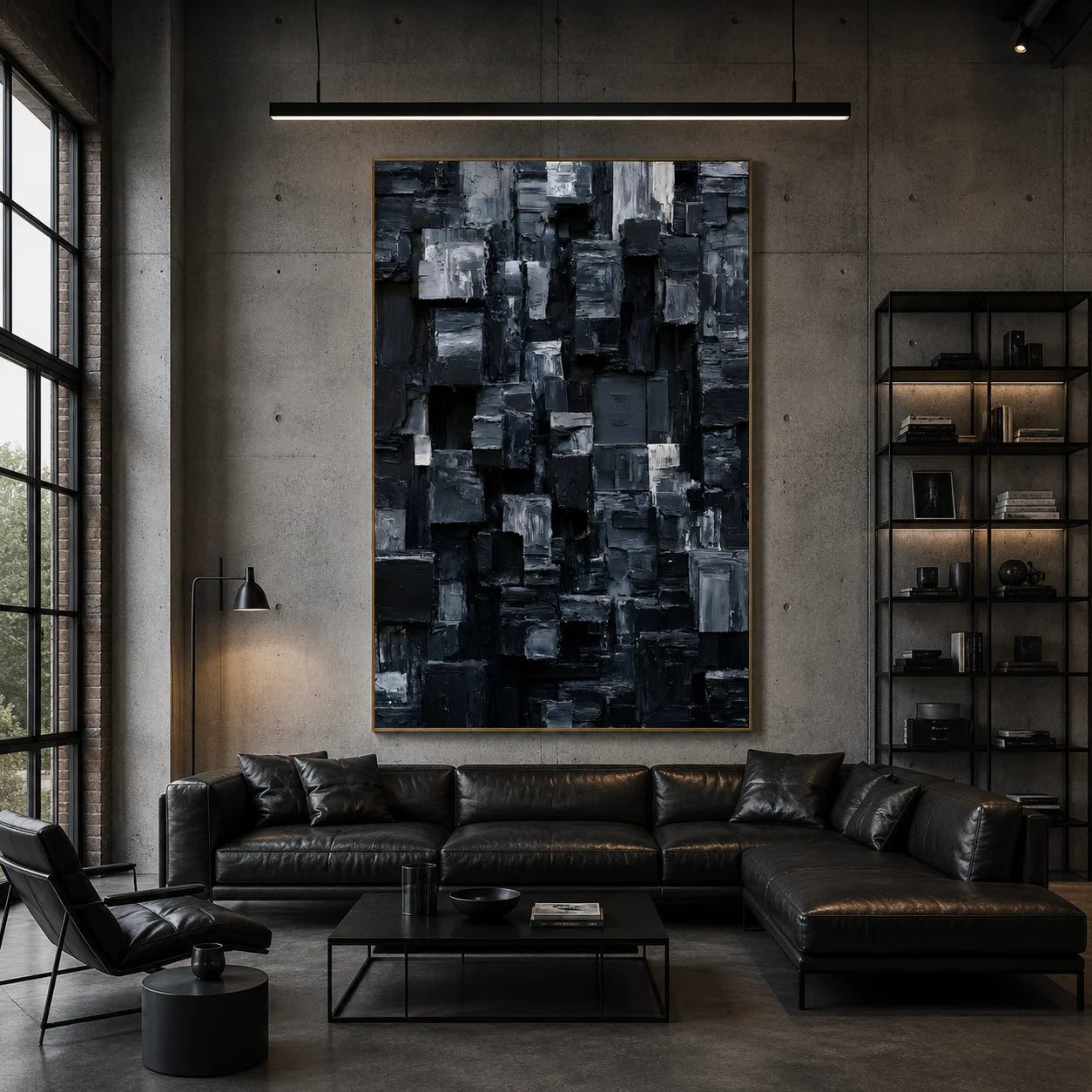 Modern Black and Gray Geometric Abstract Hand-Painted Oil Painting | 3D Textured Block Wall Art for Living Room, Bedroom and Entryway