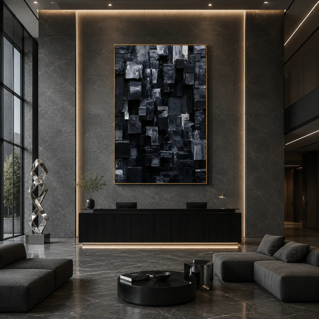 Modern Black and Gray Geometric Abstract Hand-Painted Oil Painting | 3D Textured Block Wall Art for Living Room, Bedroom and Entryway