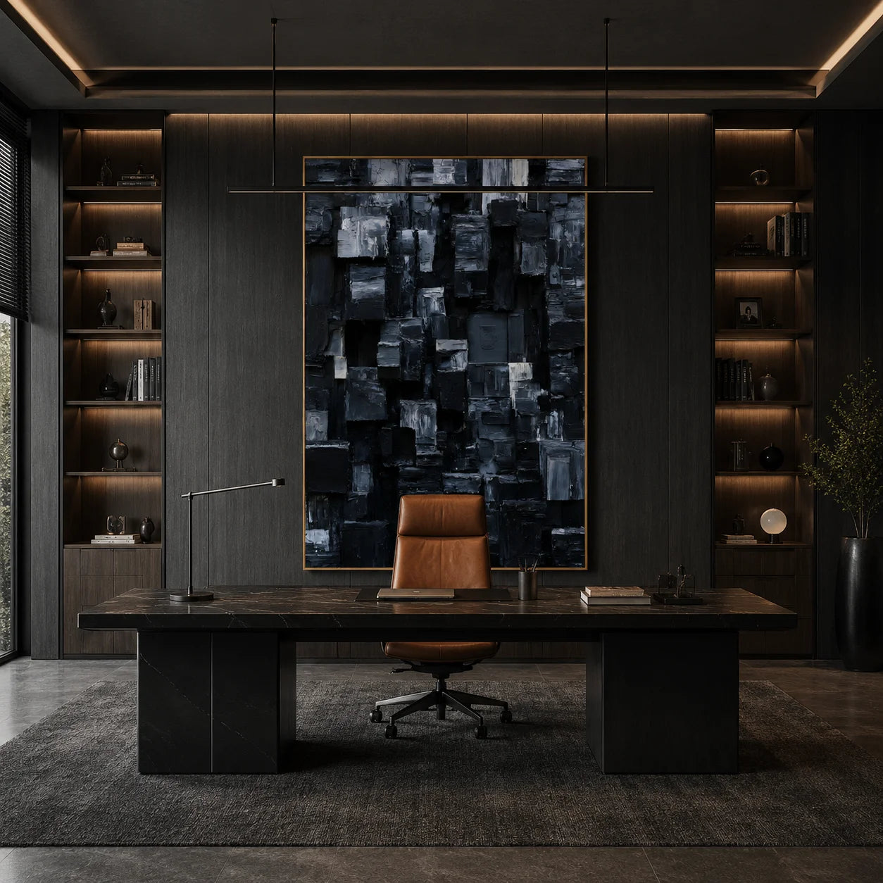 Modern Black and Gray Geometric Abstract Hand-Painted Oil Painting | 3D Textured Block Wall Art for Living Room, Bedroom and Entryway