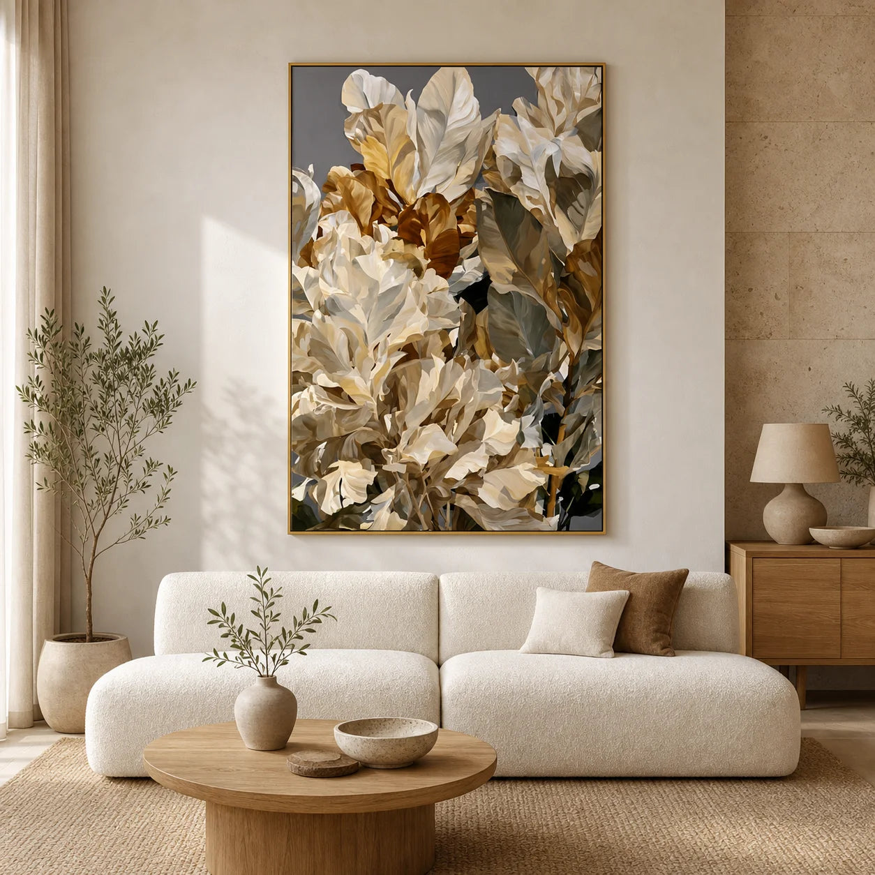 Modern Botanical Hand-Painted Oil Painting | White Tropical Leaves Wall Art | Luxury Abstract Plant Canvas Artwork for Living Room, Bedroom, Dining Room & Office # 1092