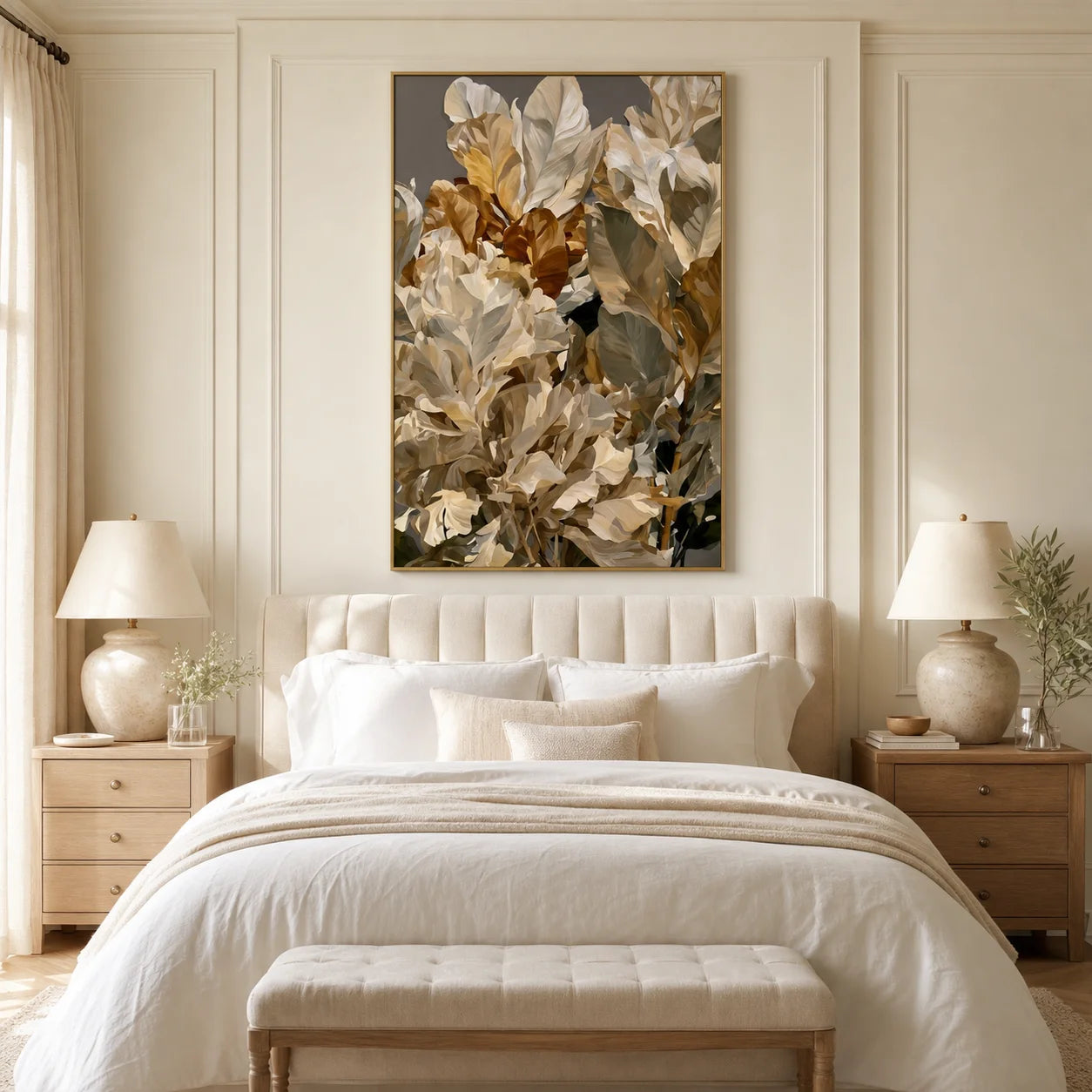 Modern Botanical Hand-Painted Oil Painting | White Tropical Leaves Wall Art | Luxury Abstract Plant Canvas Artwork for Living Room, Bedroom, Dining Room & Office # 1092