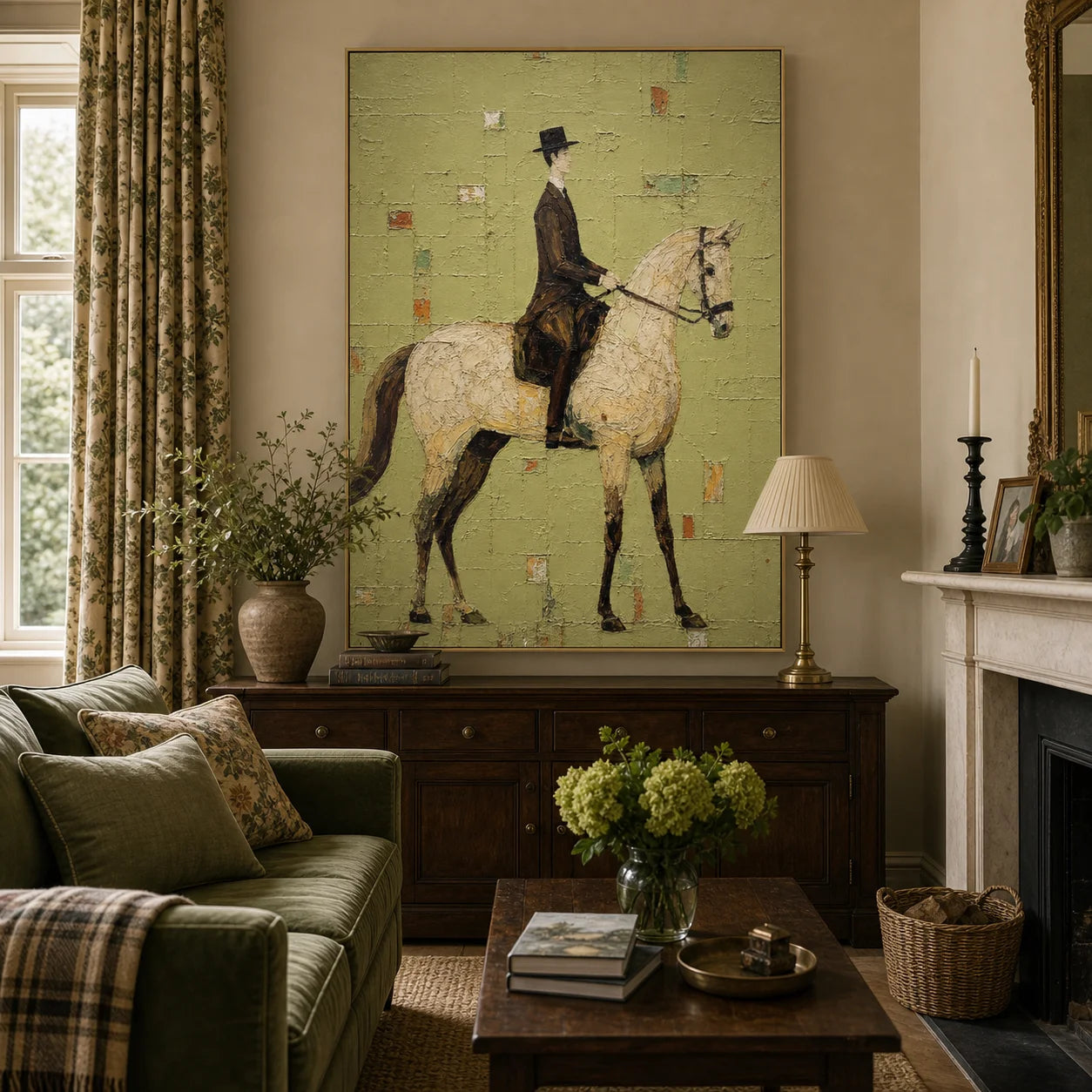Modern Equestrian Hand-Painted Oil Painting | Vintage Horse Rider Wall Art # 1098