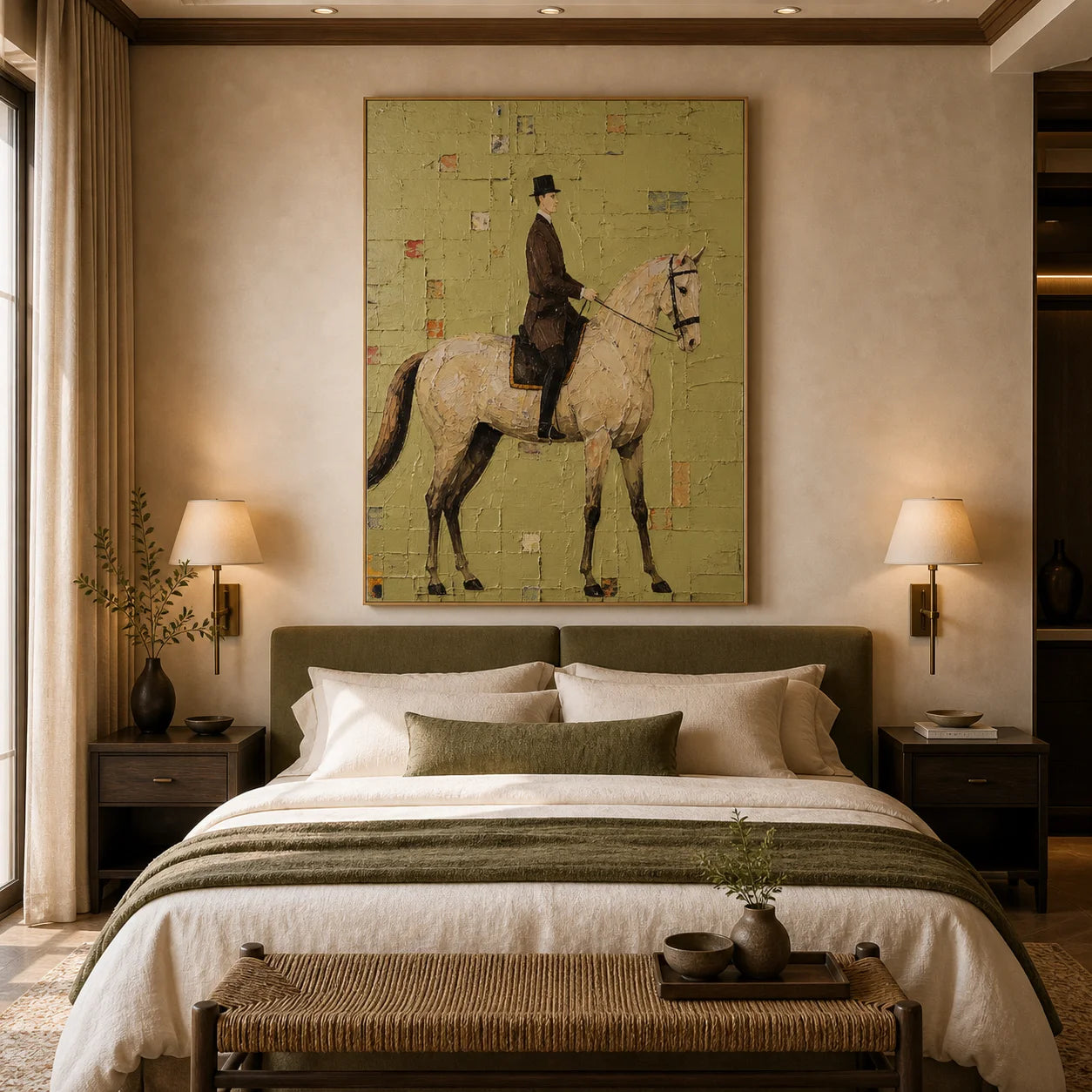 Modern Equestrian Hand-Painted Oil Painting | Vintage Horse Rider Wall Art # 1098