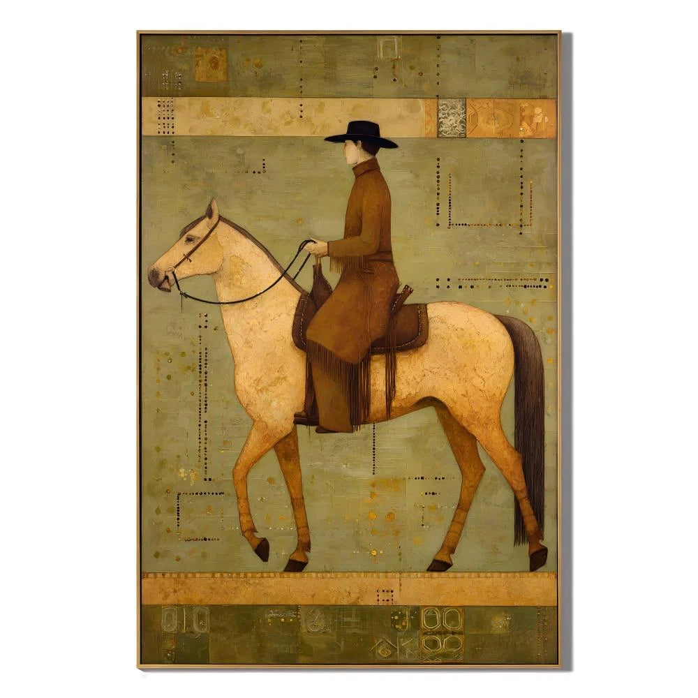 Modern Equestrian Hand-Painted Oil Painting | Vintage Western Rider Wall Art | Luxury Horse & Rider Canvas Artwork for Living Room, Study & Hotel