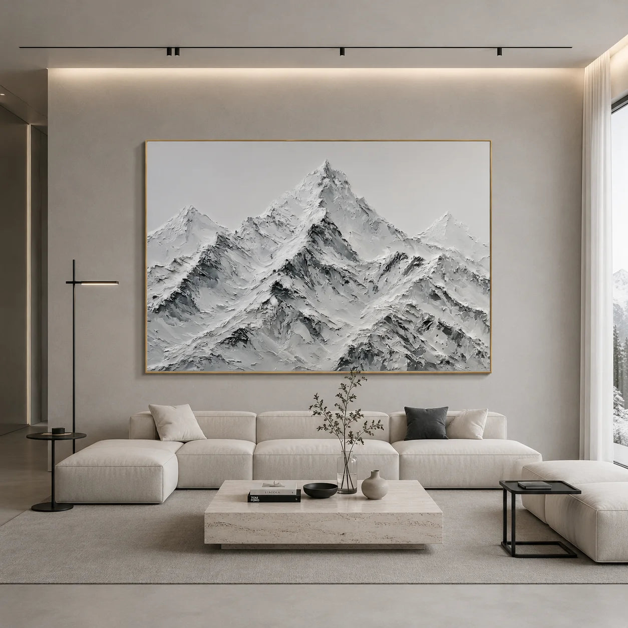 Modern Snow Mountain Hand-Painted Oil Painting | Black White Gray Textured Mountain Landscape Wall Art # OA 1073