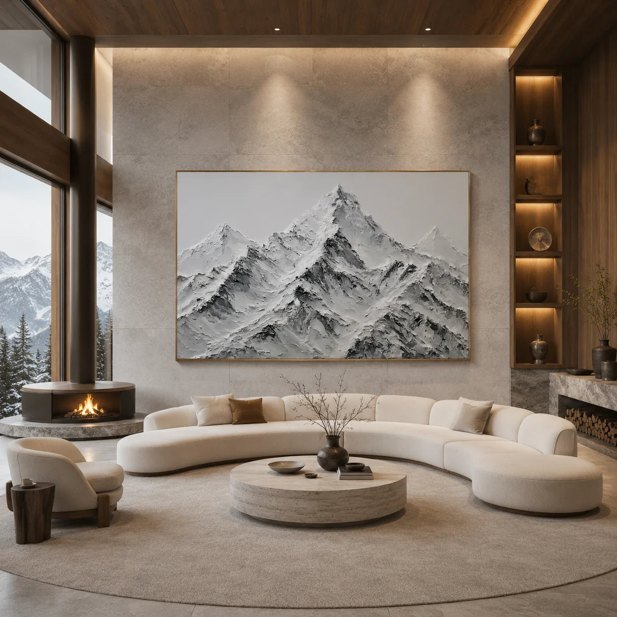 Modern Snow Mountain Hand-Painted Oil Painting | Black White Gray Textured Mountain Landscape Wall Art # OA 1073